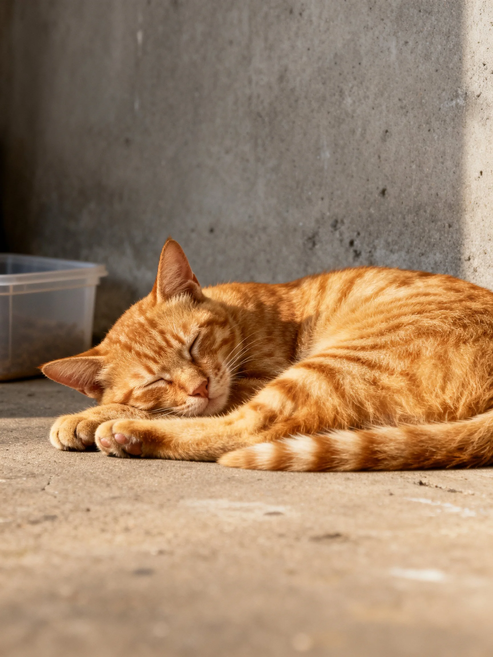 An orange tabby cat rests curled on a concrete surface near a gray wall
