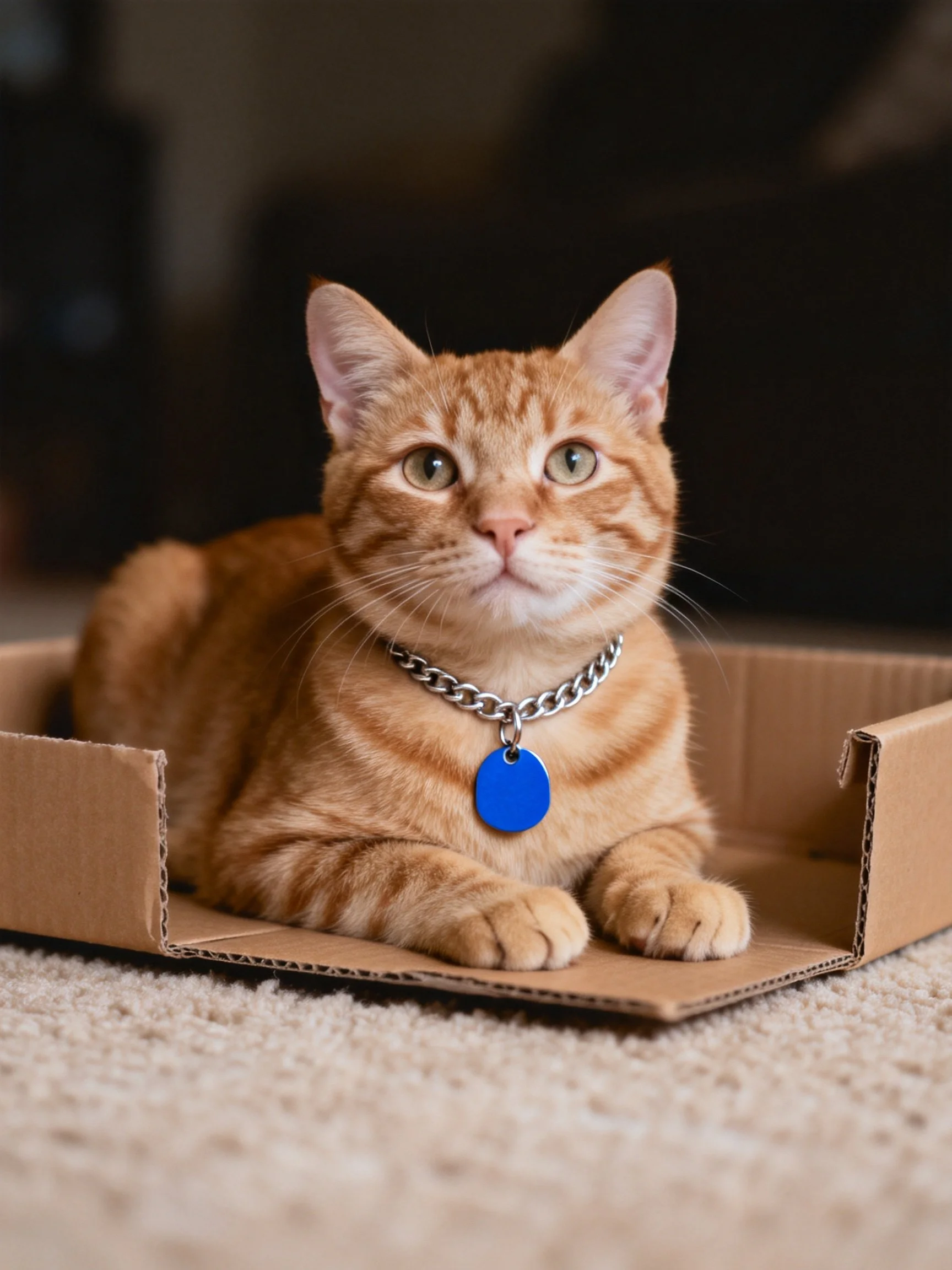 An orange tabby cat sits calmly in a cardboard container with a silver collar