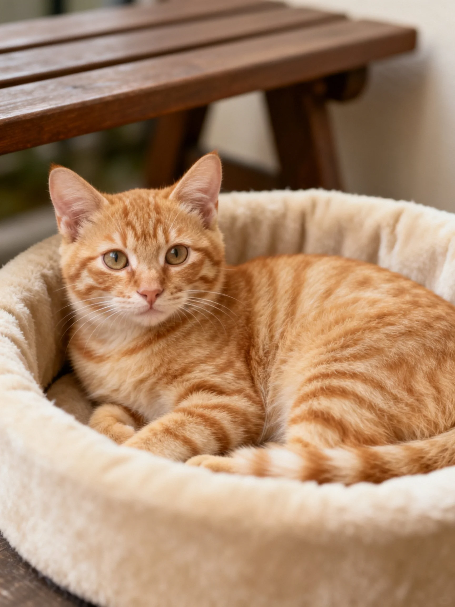 An orange tabby cat rests in a plush bed beside a wooden bench