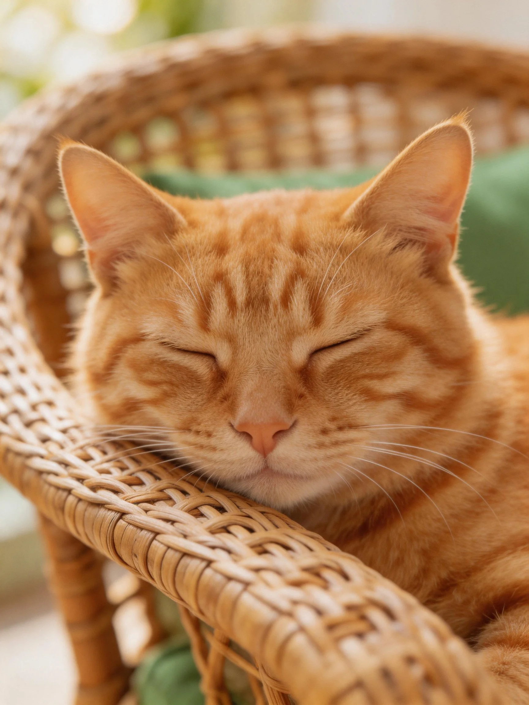 Orange tabby cat naps in a wicker chair.