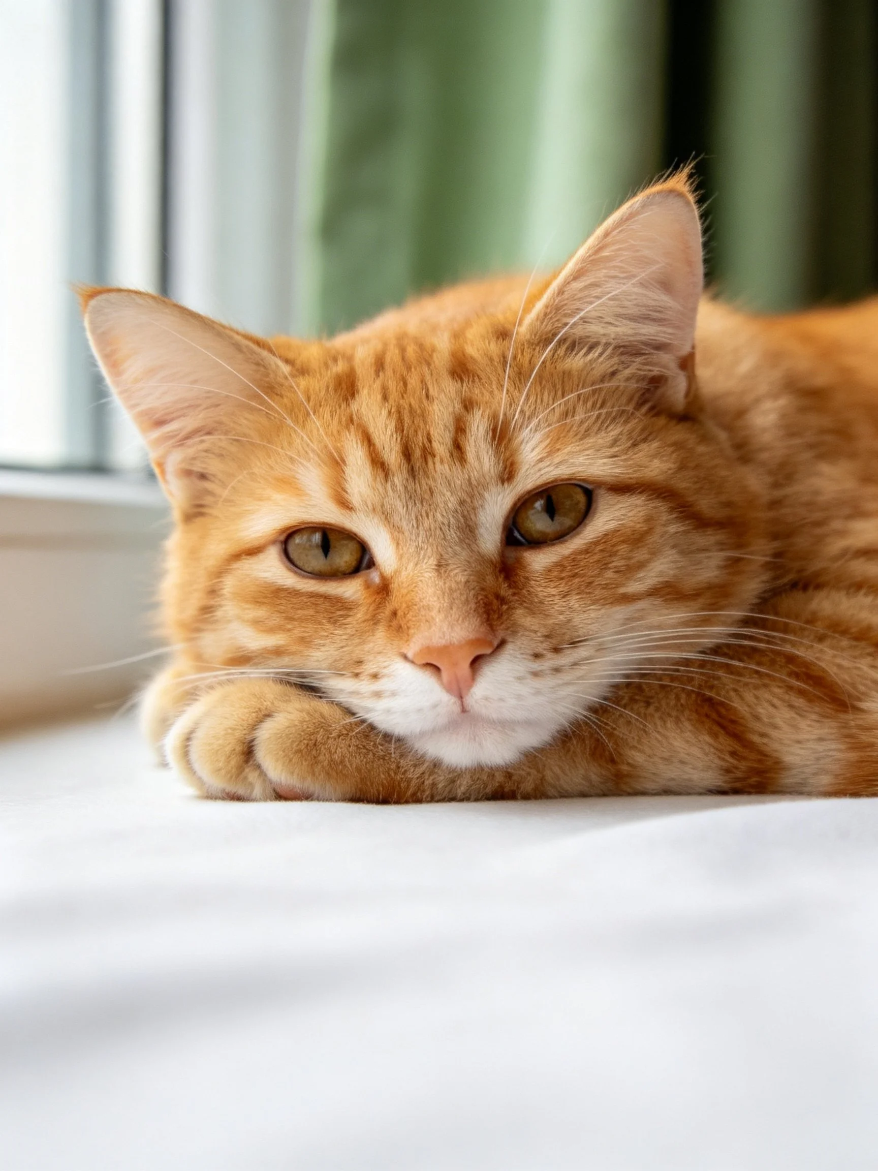 An orange tabby cat relaxes by a window with green curtains