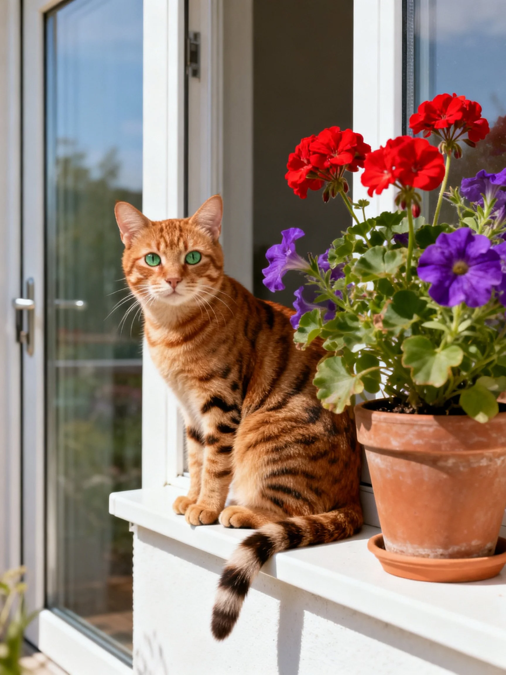 An orange tabby cat sits beside colorful flowers on a sunny windowsill.