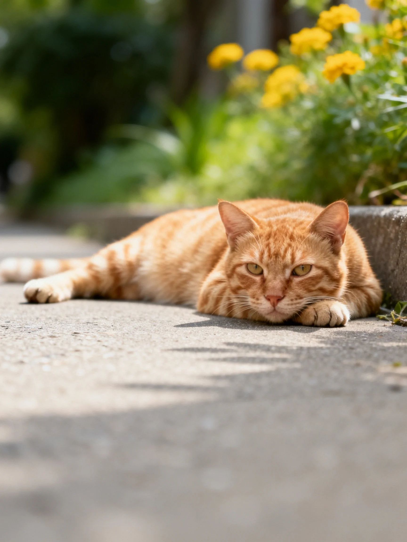 An orange tabby cat relaxes near yellow flowers on a concrete path.