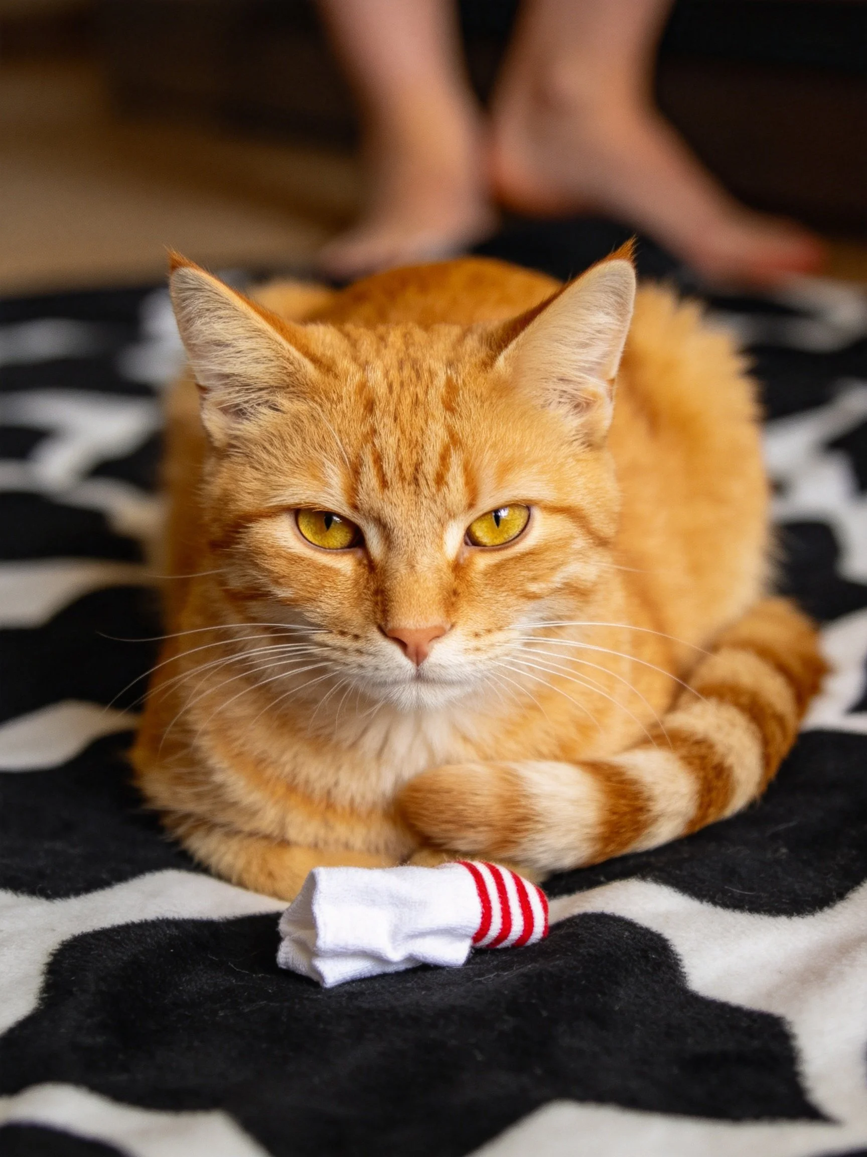 An orange tabby cat relaxes on a black - and - white blanket near a striped sock