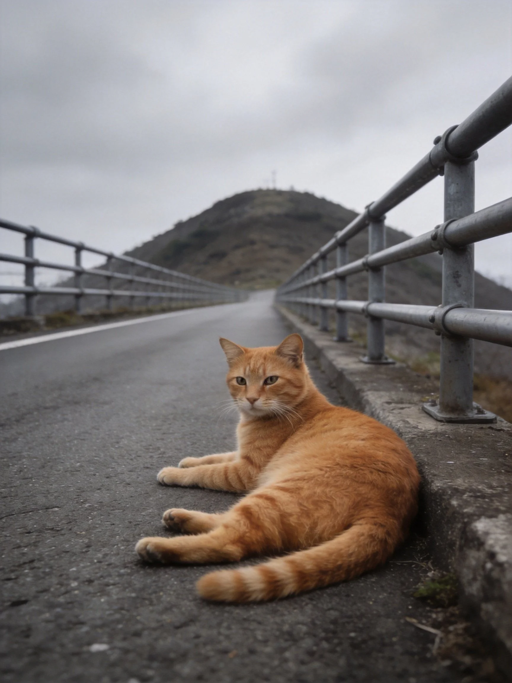 An orange tabby cat lies on a bridge near metal railings with a hill in the distance