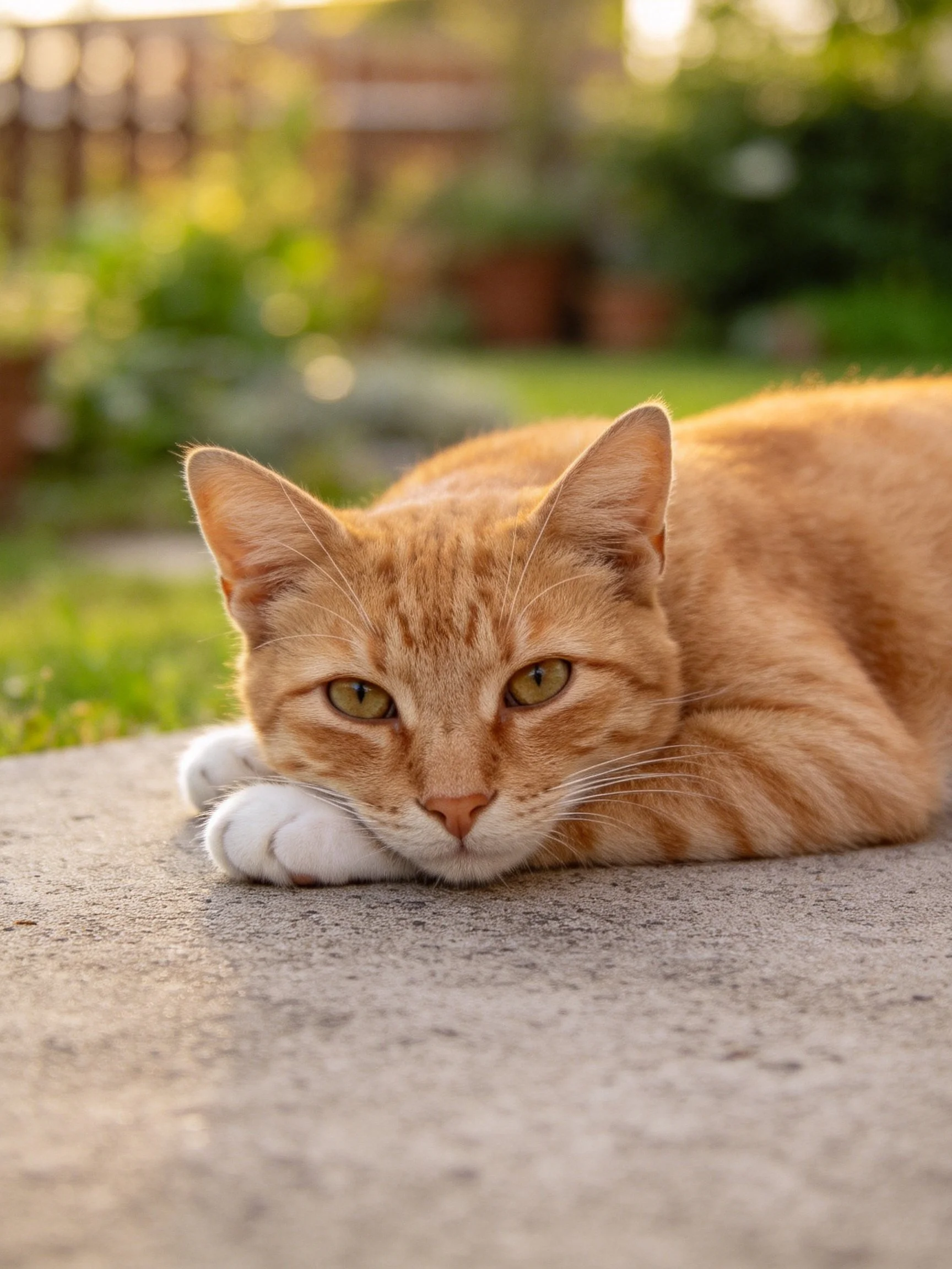 An orange tabby cat rests on a concrete surface in a sunlit garden