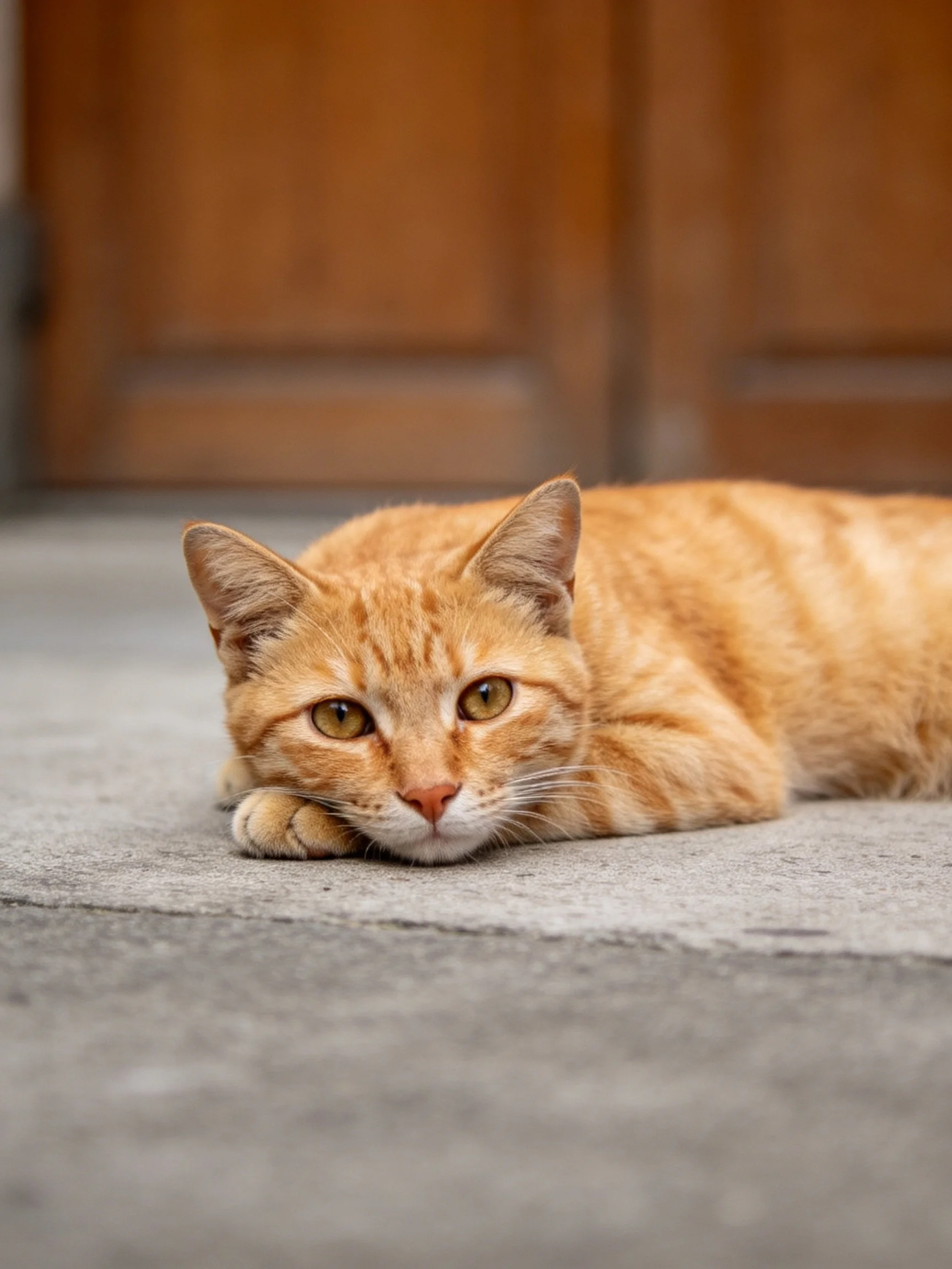 An orange tabby cat rests on a concrete surface near wooden doors