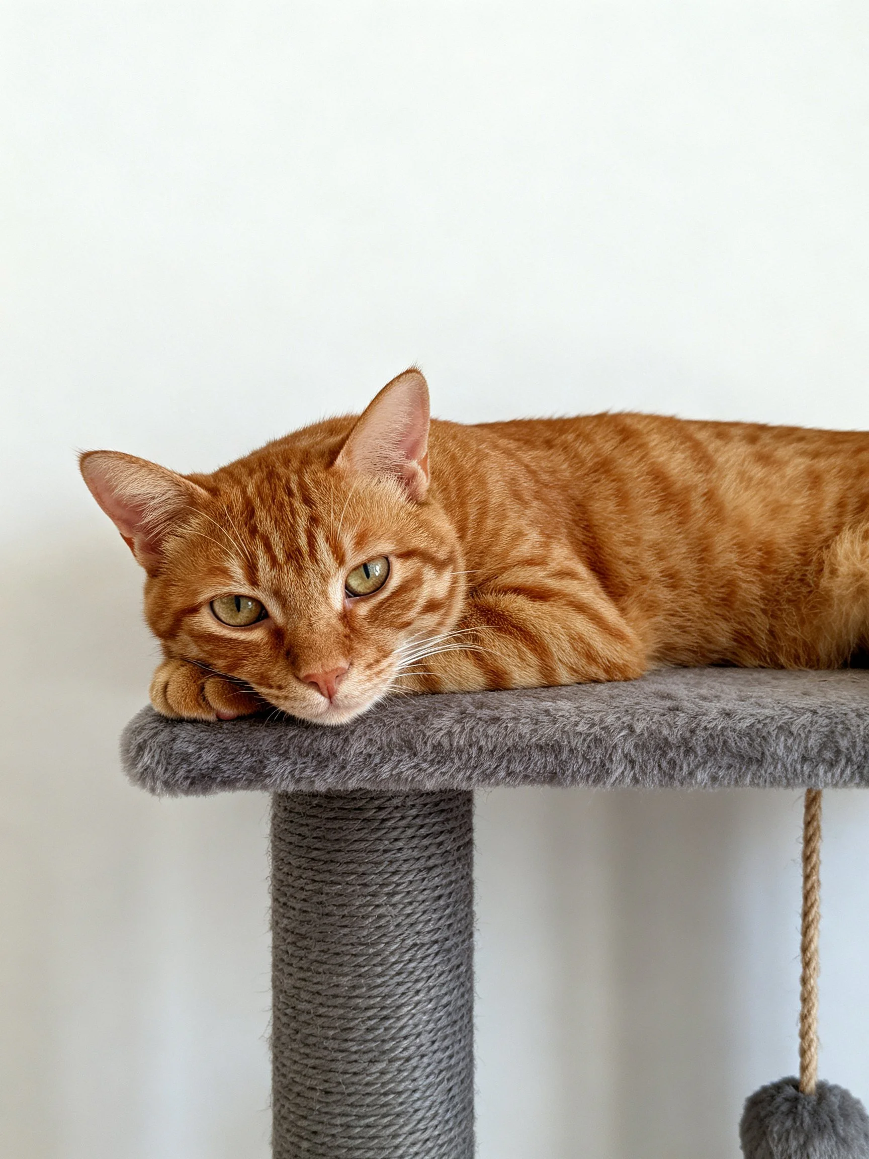 An orange tabby cat relaxes on a gray cat tree platform with a plain white wall backdrop.