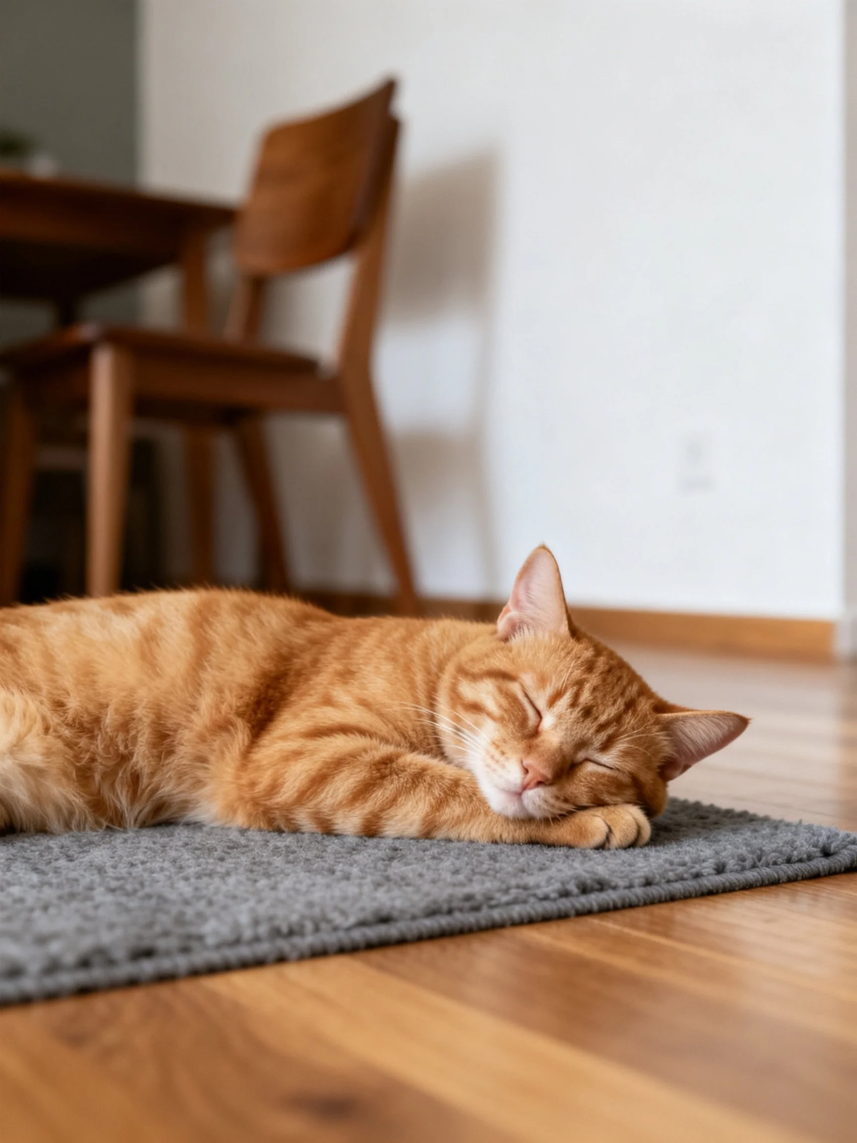 An orange tabby cat sleeps on a gray rug near wooden furniture