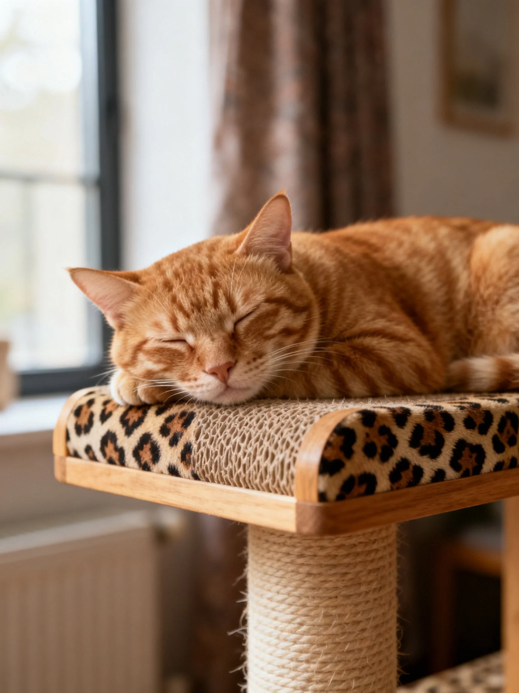 An orange tabby cat sleeps on a leopard - printed cat tree next to a window