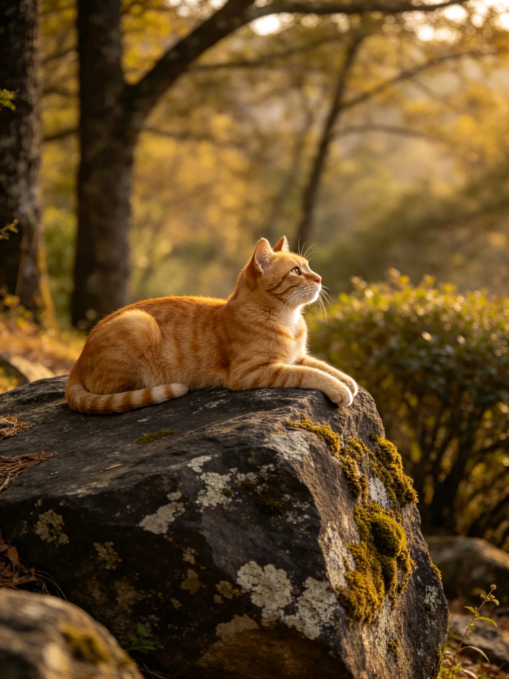 An orange tabby cat rests on a moss-covered rock amid golden forest light