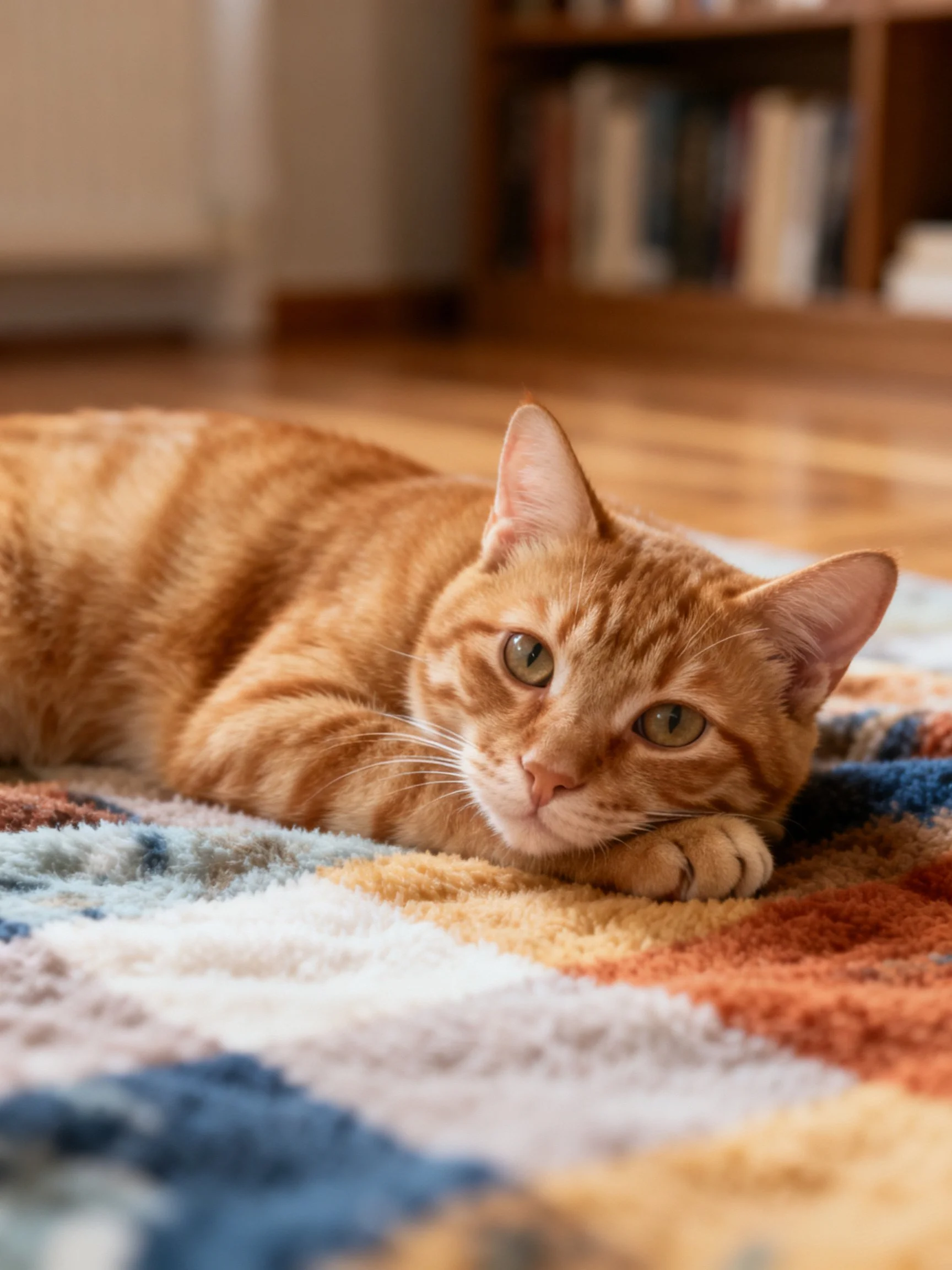 An orange tabby cat rests on a multicolored rug in a cozy room
