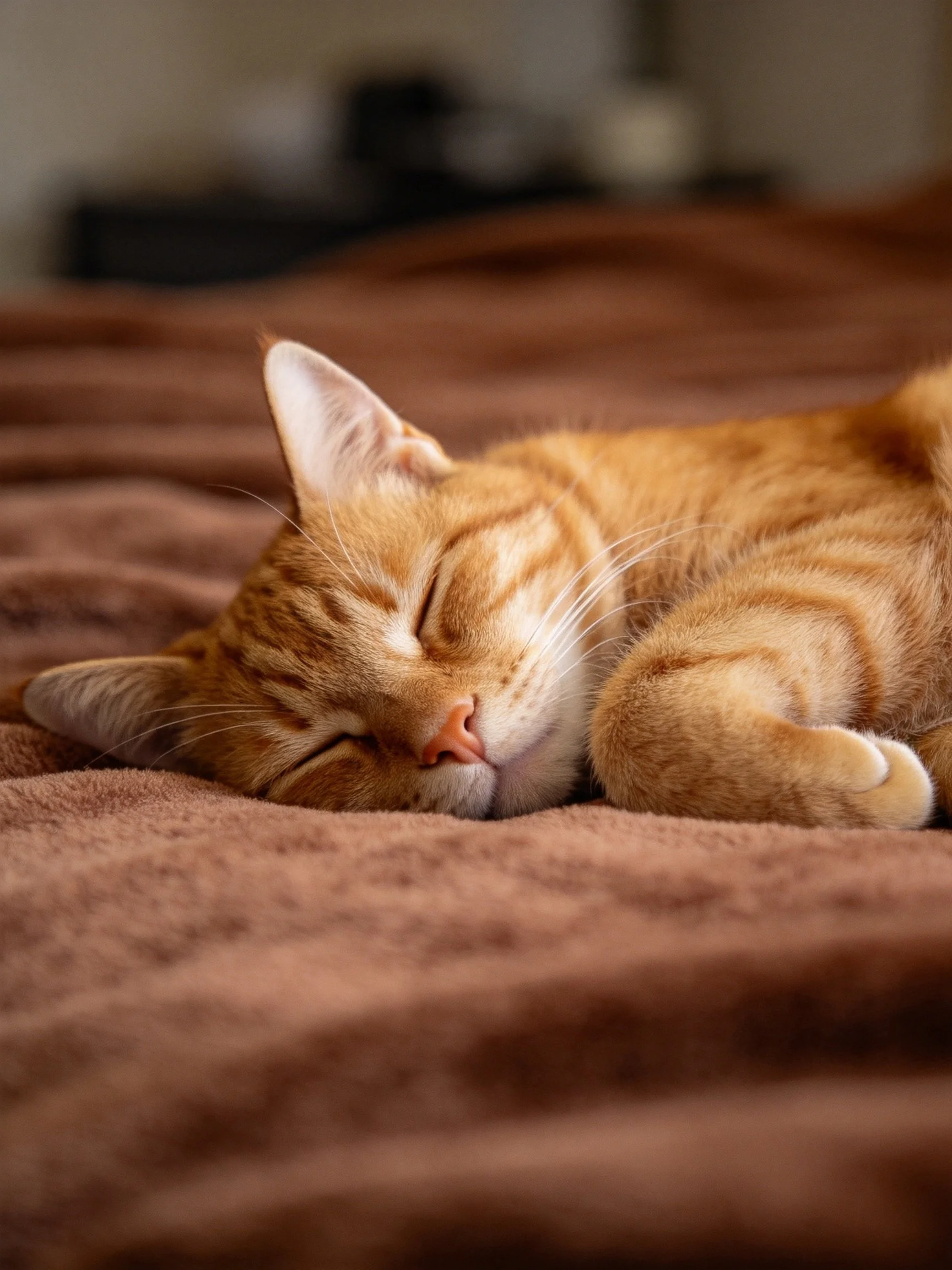 An orange tabby cat sleeps on a brown blanket