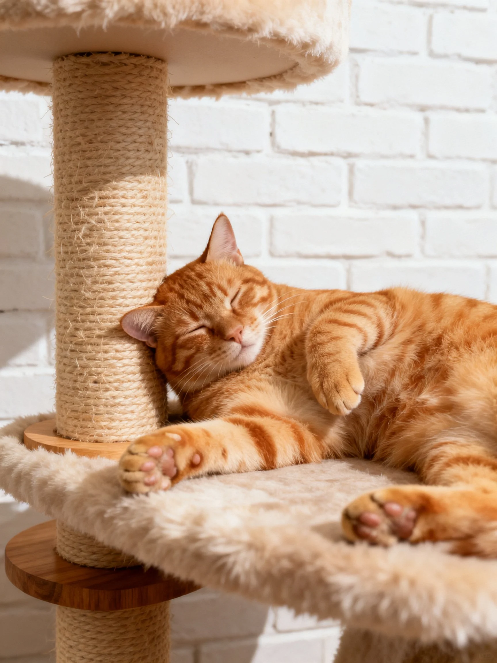 An orange tabby cat sleeps comfortably on a plush cat tree near a rope post