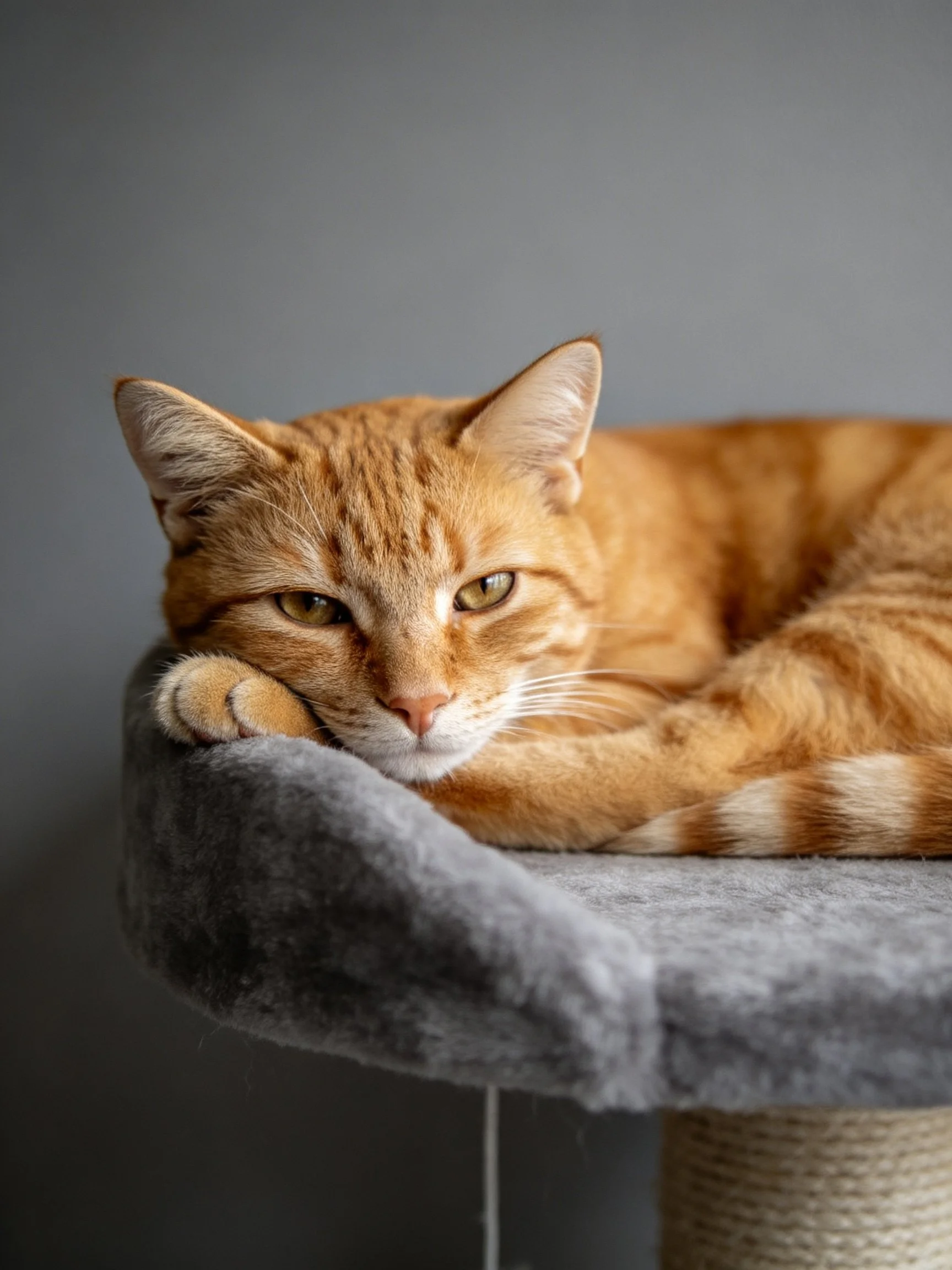 An orange tabby cat rests on a plush gray cat perch