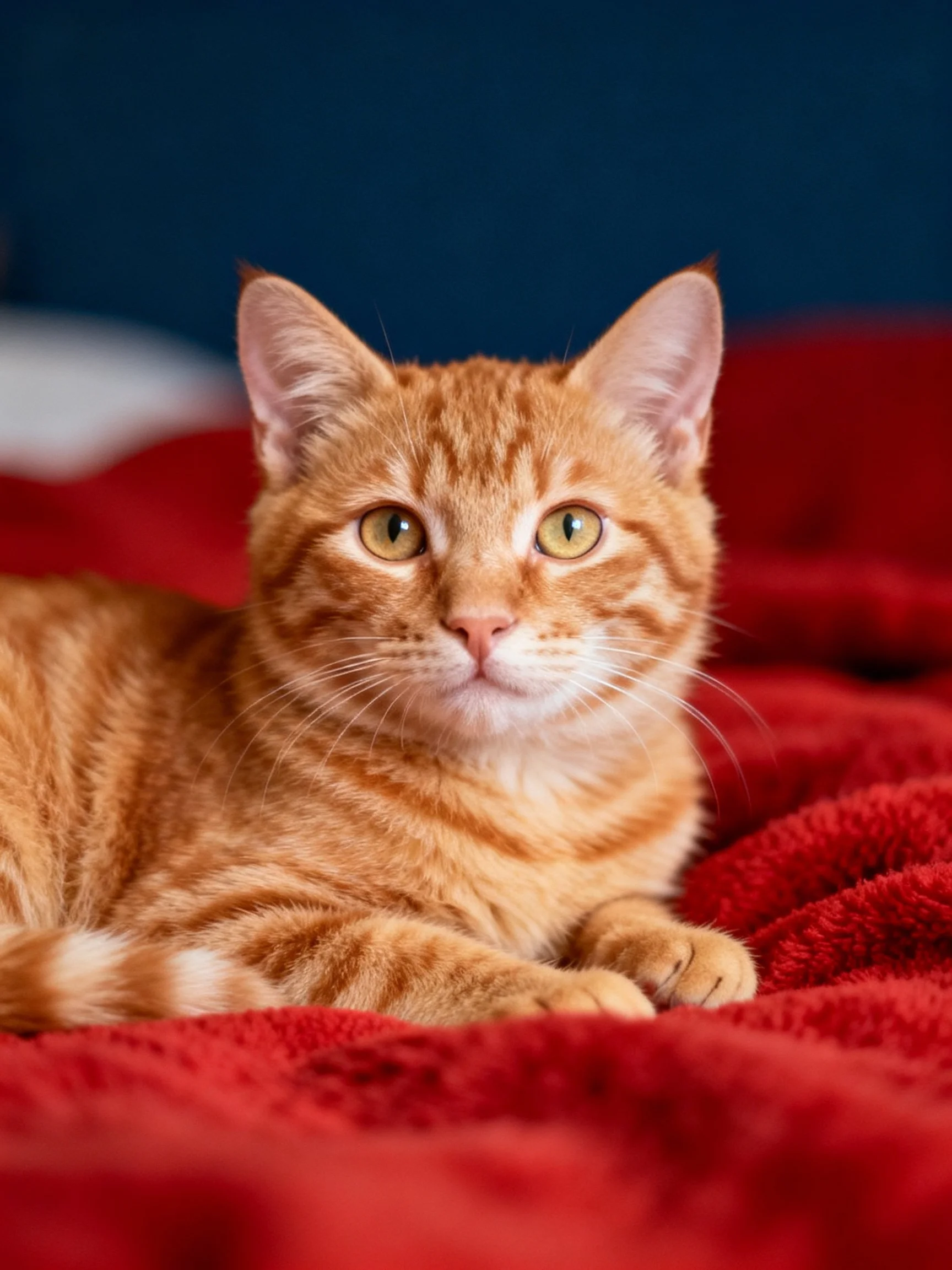 An orange tabby cat sits calmly on a plush red blanket in a cozy setting.