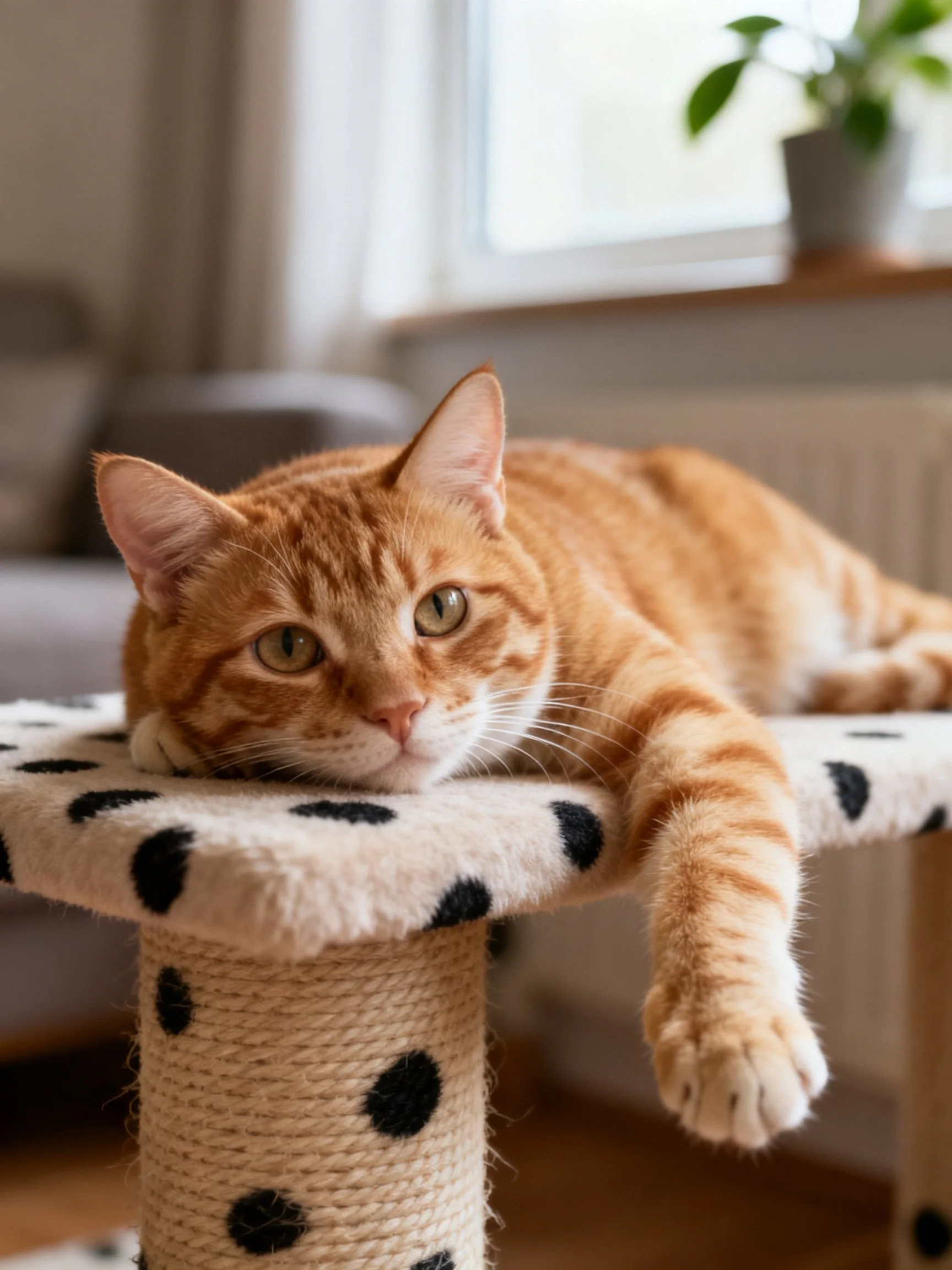 An orange tabby cat rests on a polka - dotted cat tree indoors