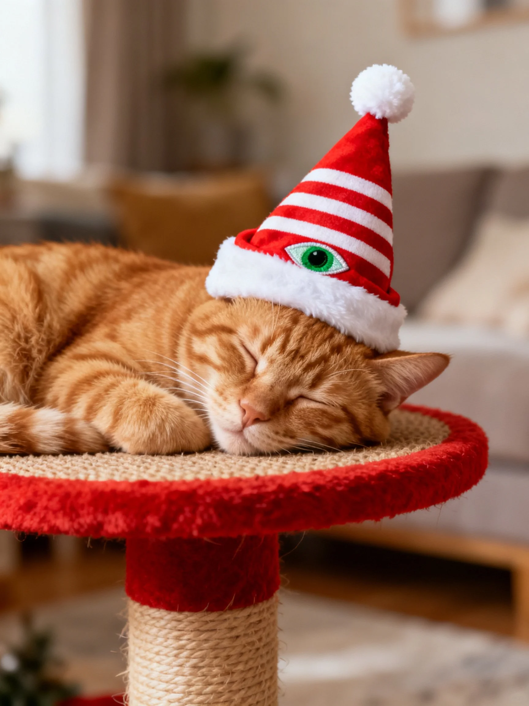 An orange tabby cat sleeps peacefully on a red scratching post with a festive hat.