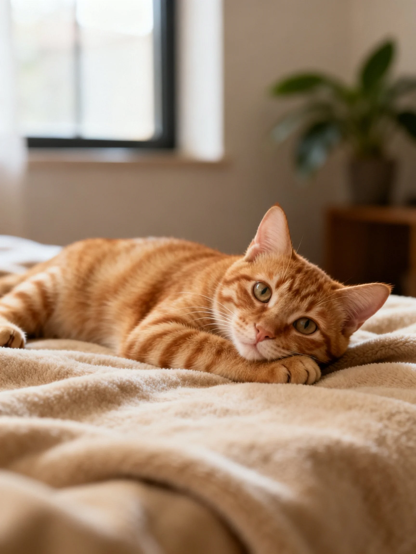 An orange tabby cat rests on a soft beige blanket near a window