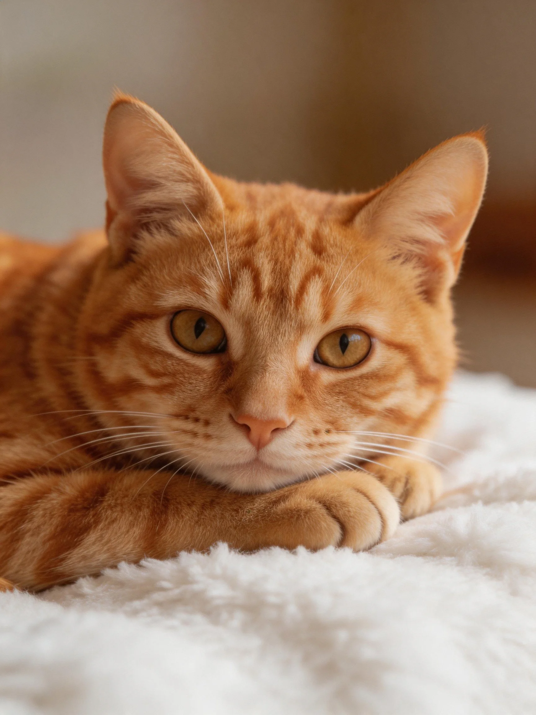 An orange tabby cat relaxes on a plush white surface.