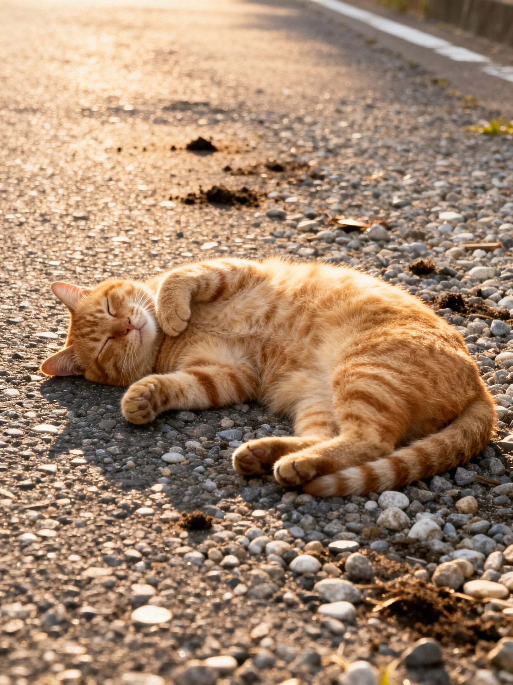 An orange tabby cat sleeps on a sunlit gravel road.