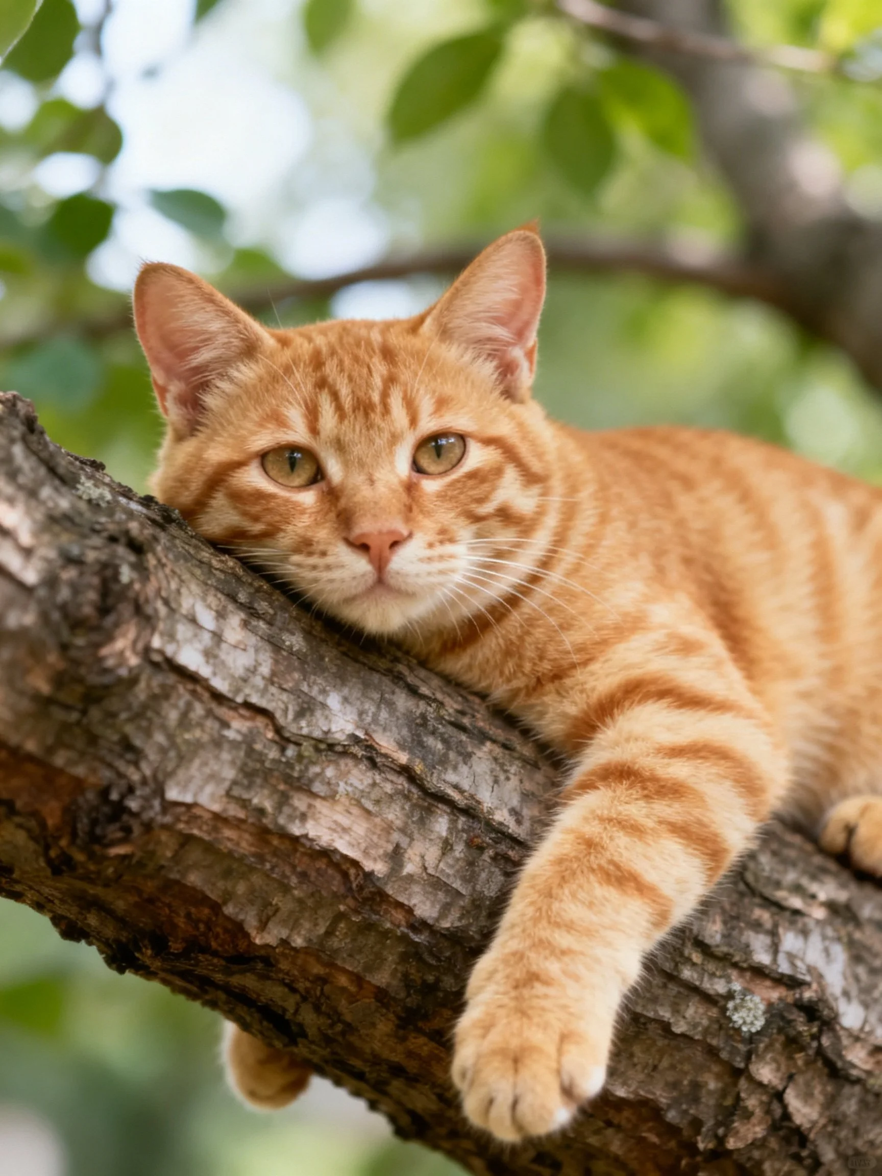 An orange tabby cat rests on a textured tree branchamid green foliage.
