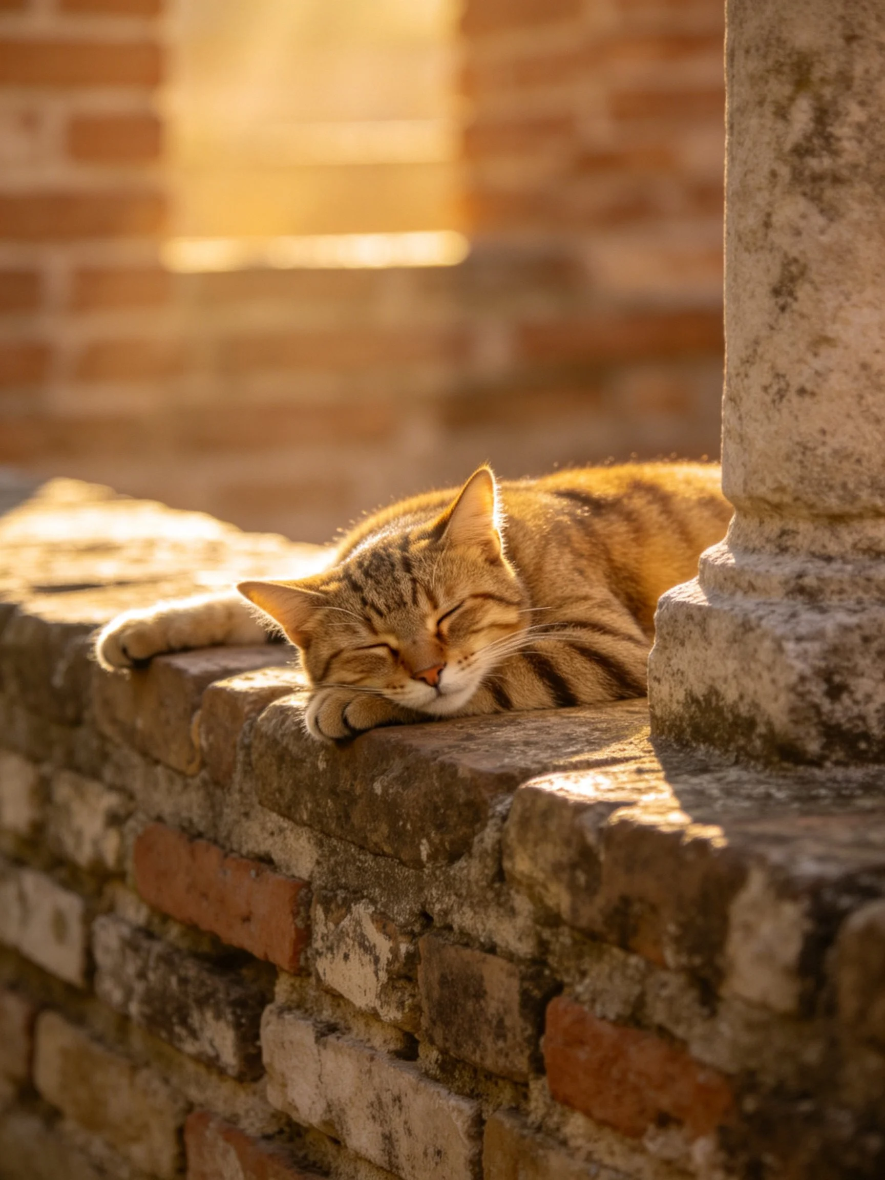 An orange tabby cat rests on a weathered brick wall in golden sunlight