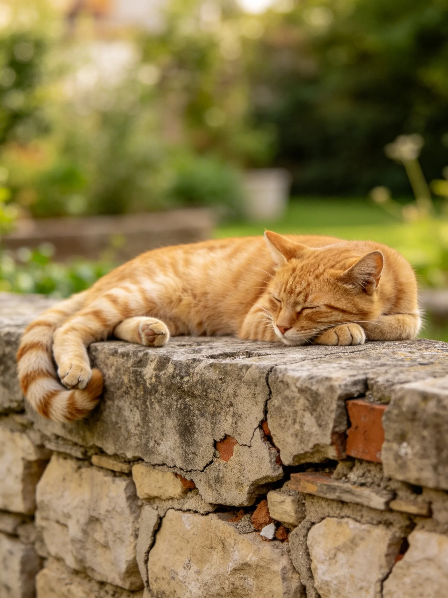An orange tabby cat rests on a weathered stone wall