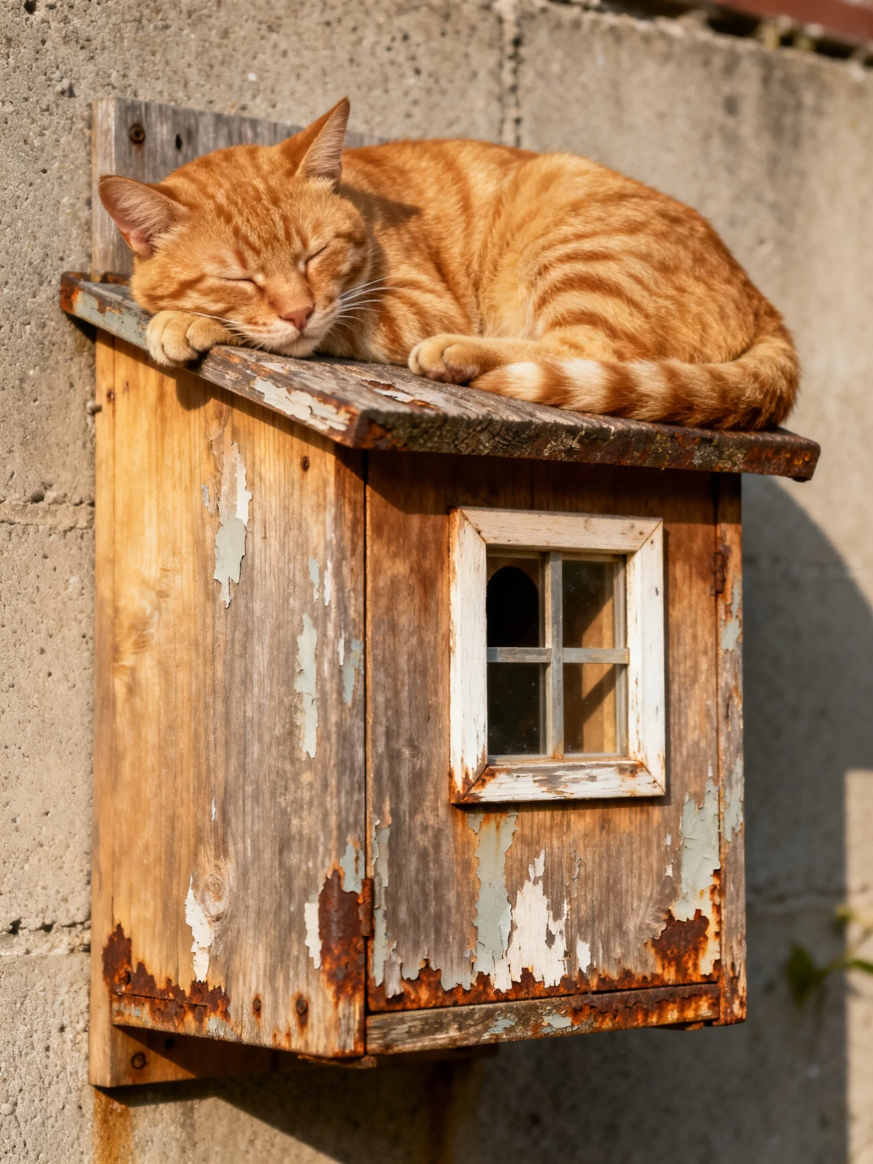 An orange tabby cat rests on a weathered wooden box attached to a concrete wall