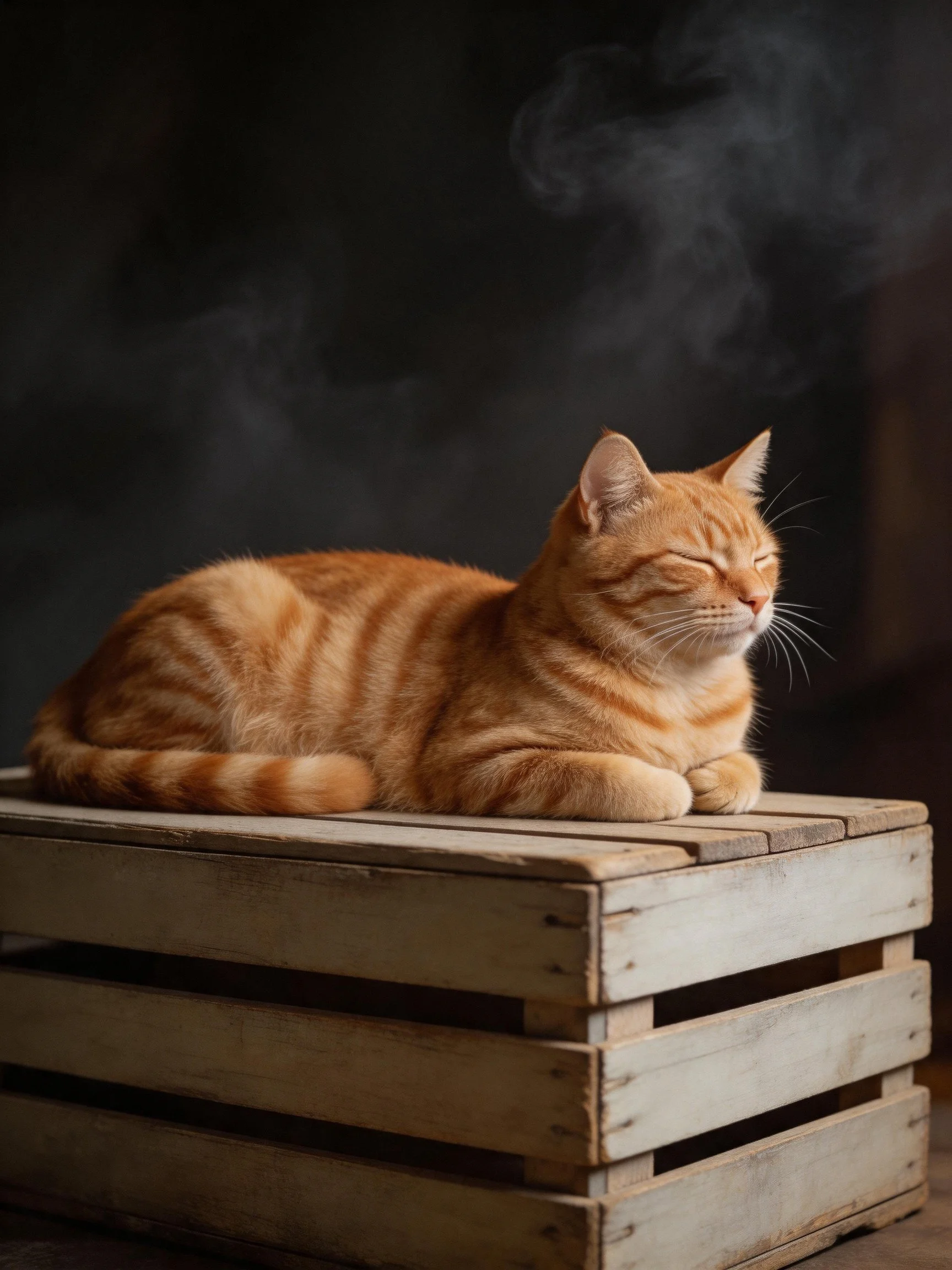 An orange tabby cat rests on a weathered wooden crate with dark smoke