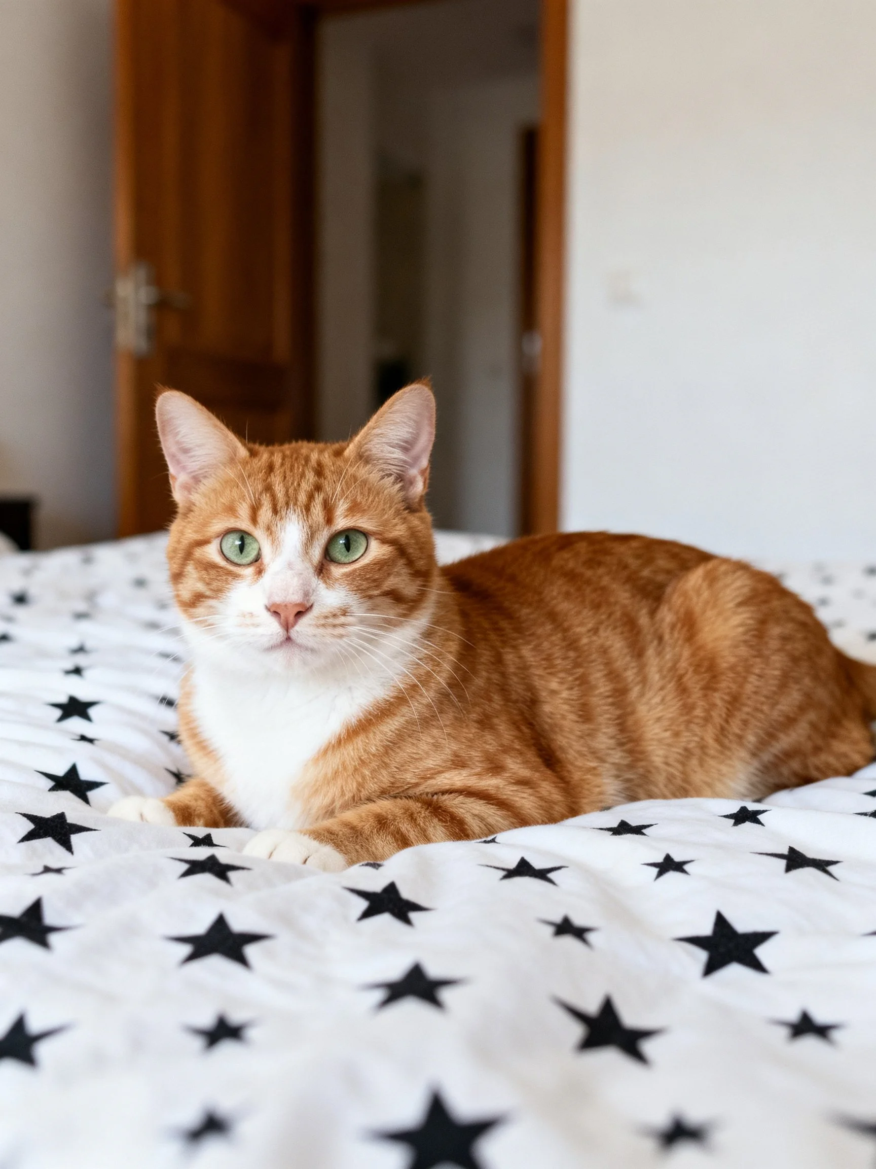 An orange tabby cat sits calmly on a star-patterned bed in a home setting.