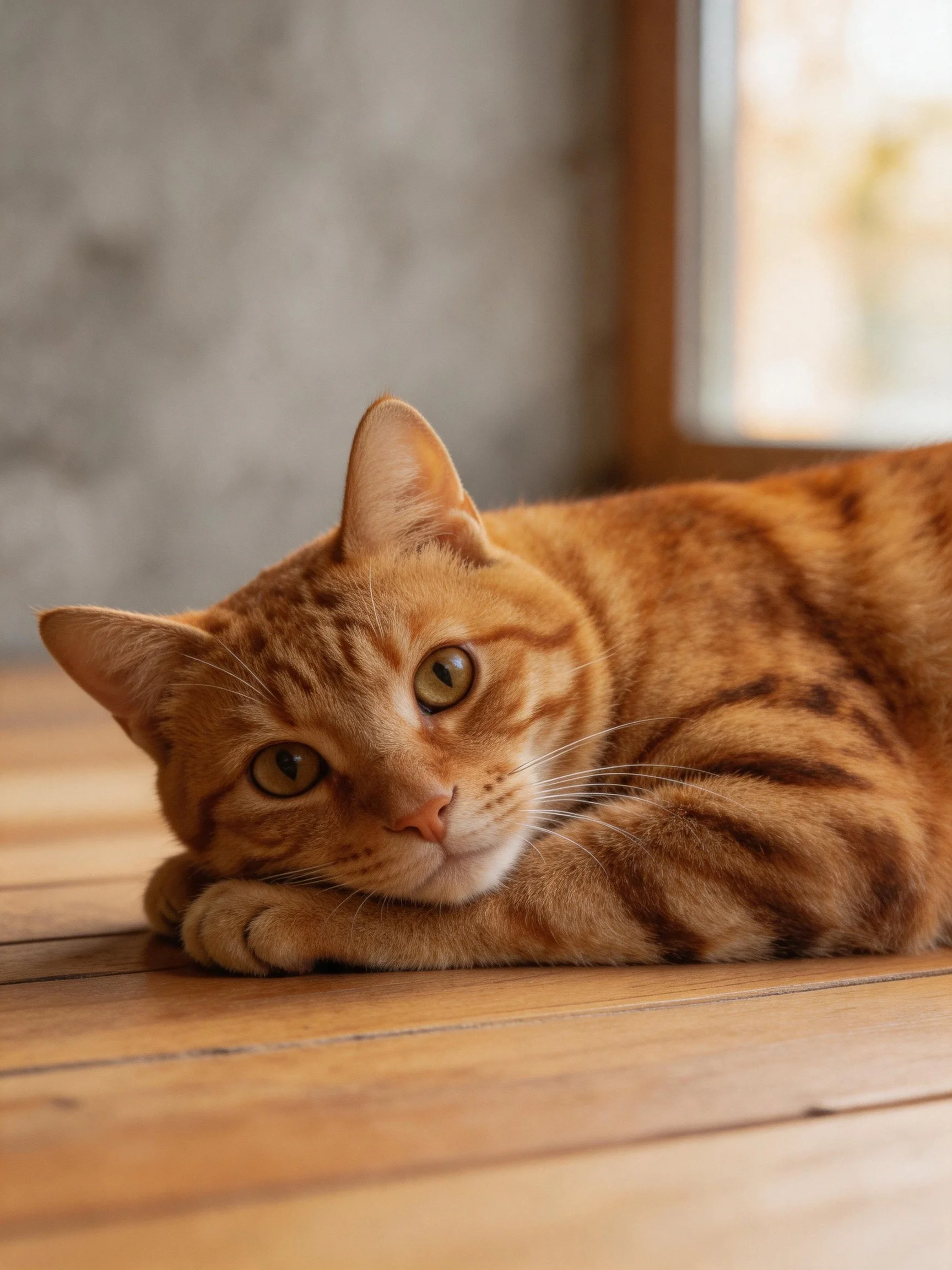 An orange tabby cat relaxes on a wooden floor near a window