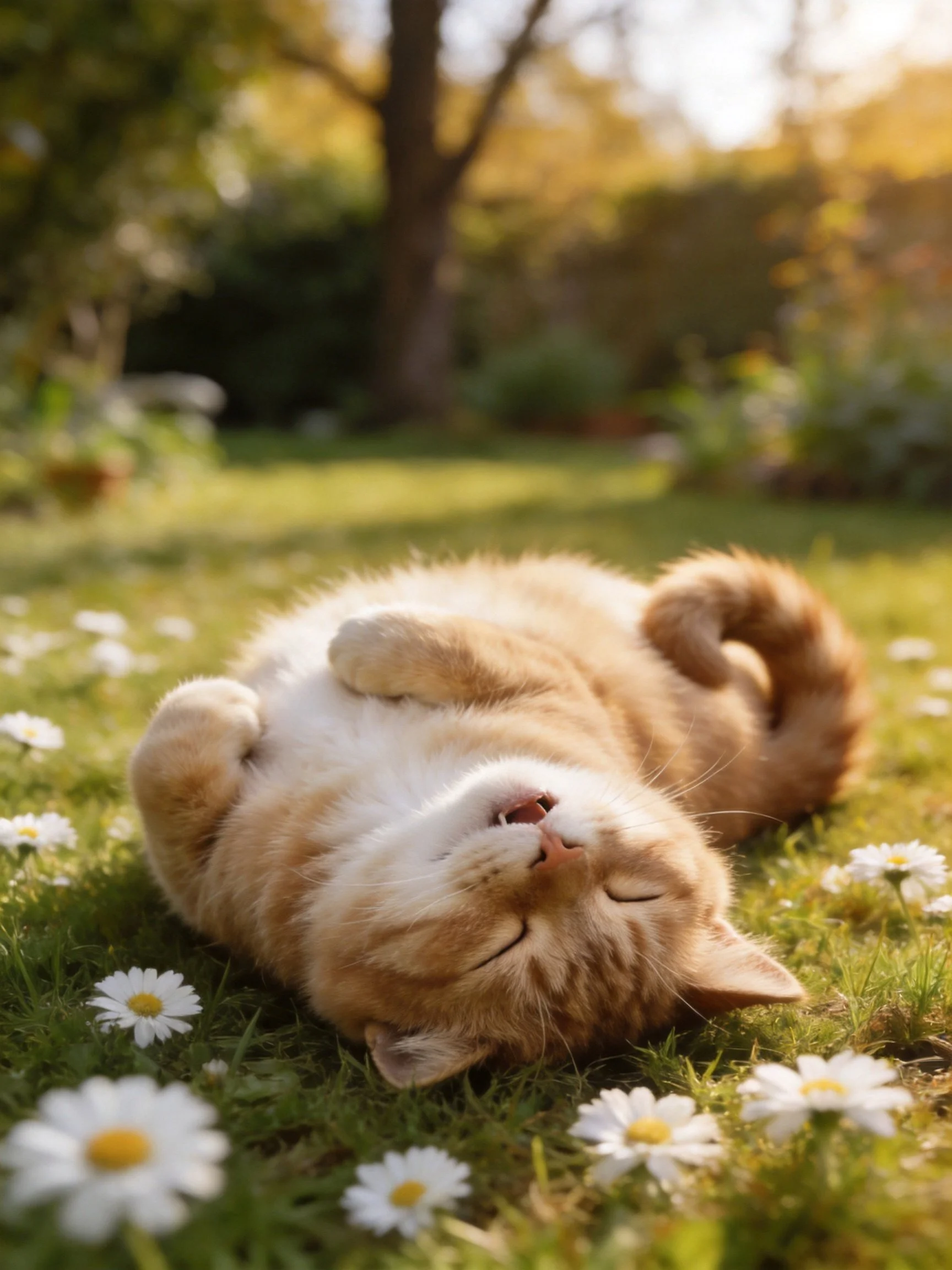 An orange tabby cat rests on grass amid white daisies