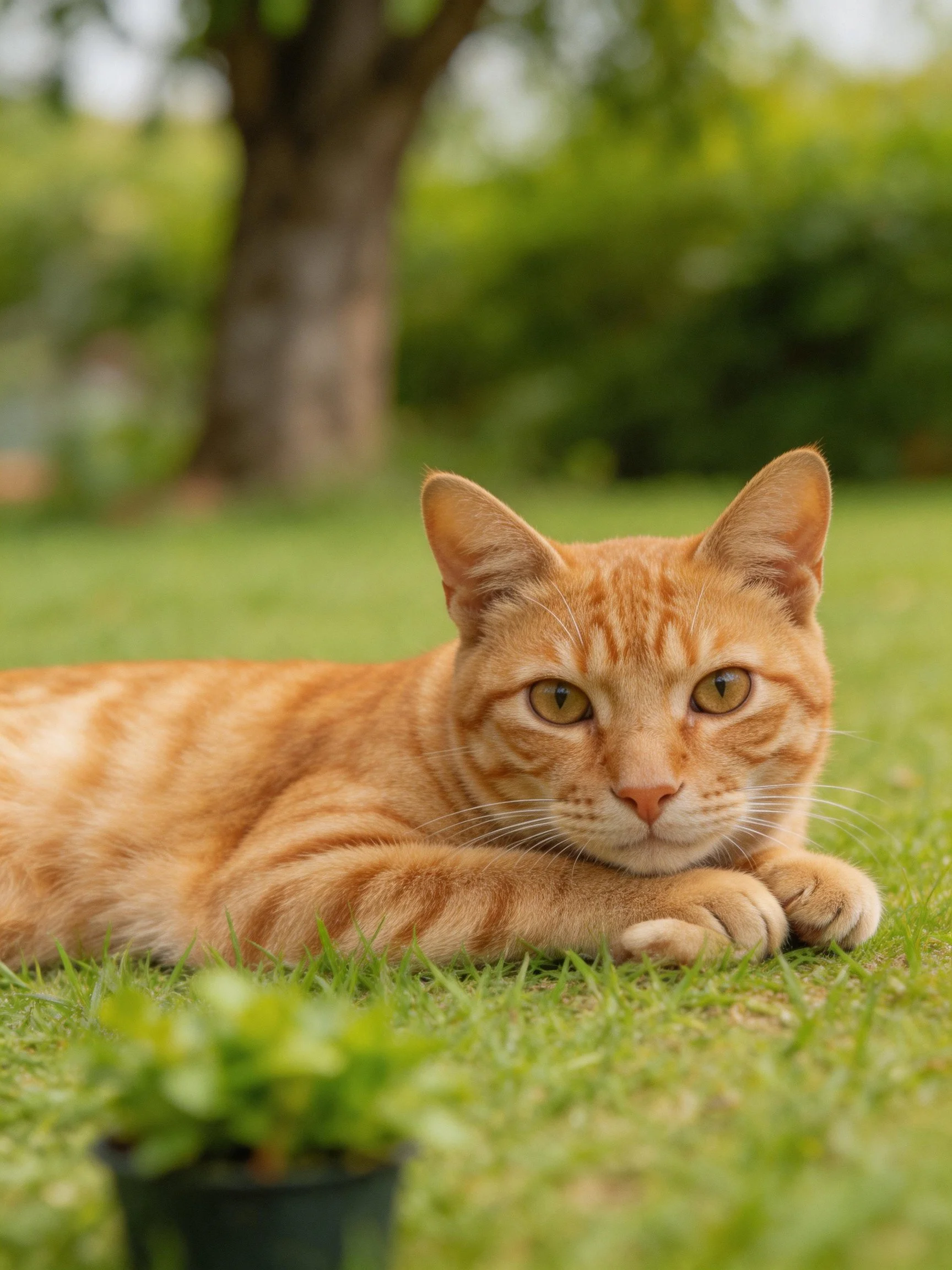 An orange tabby cat relaxes on green grass in a sunlit outdoor setting.