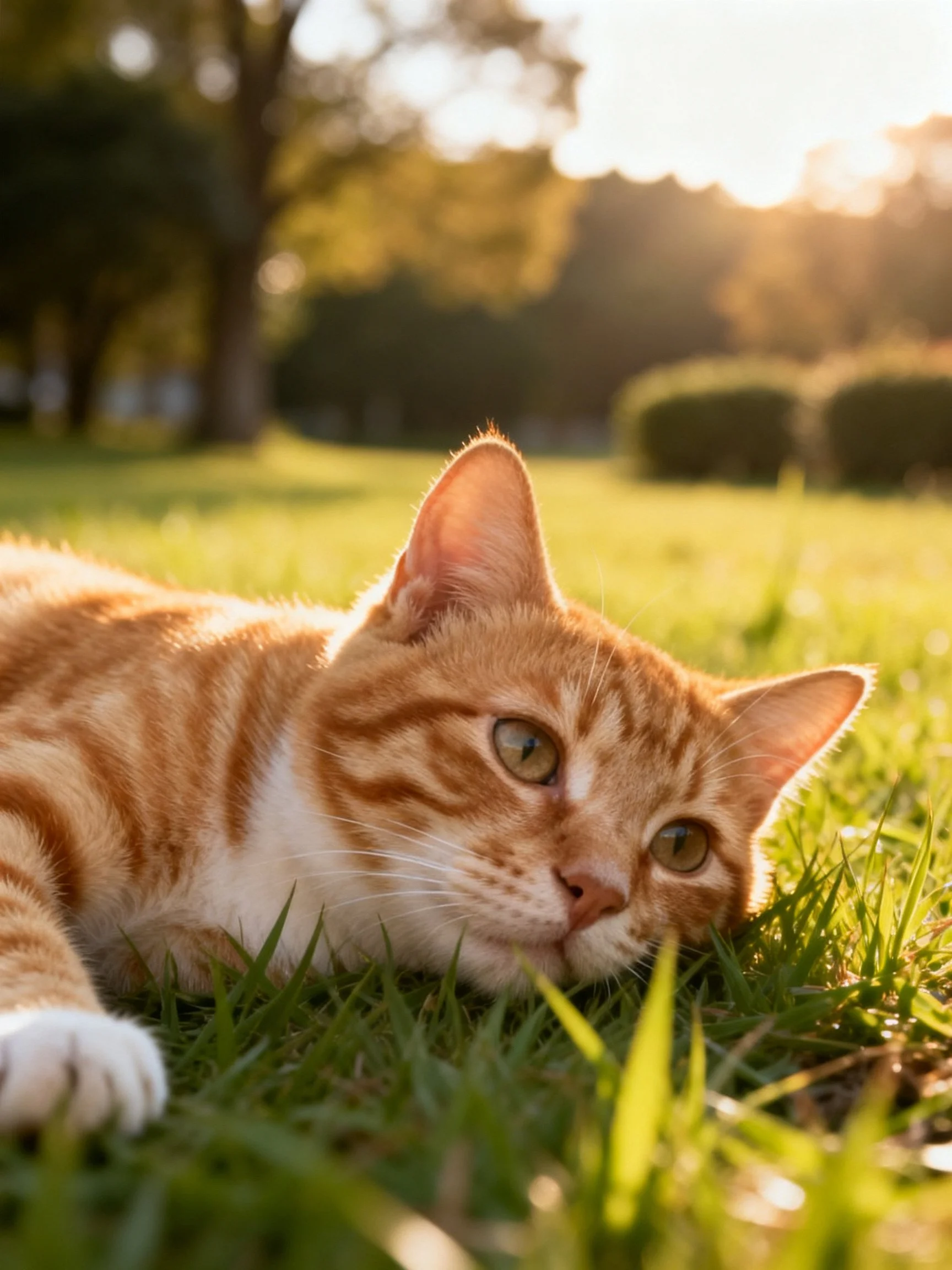 A single orange tabby cat relaxes on grass in a sunlit outdoor area.