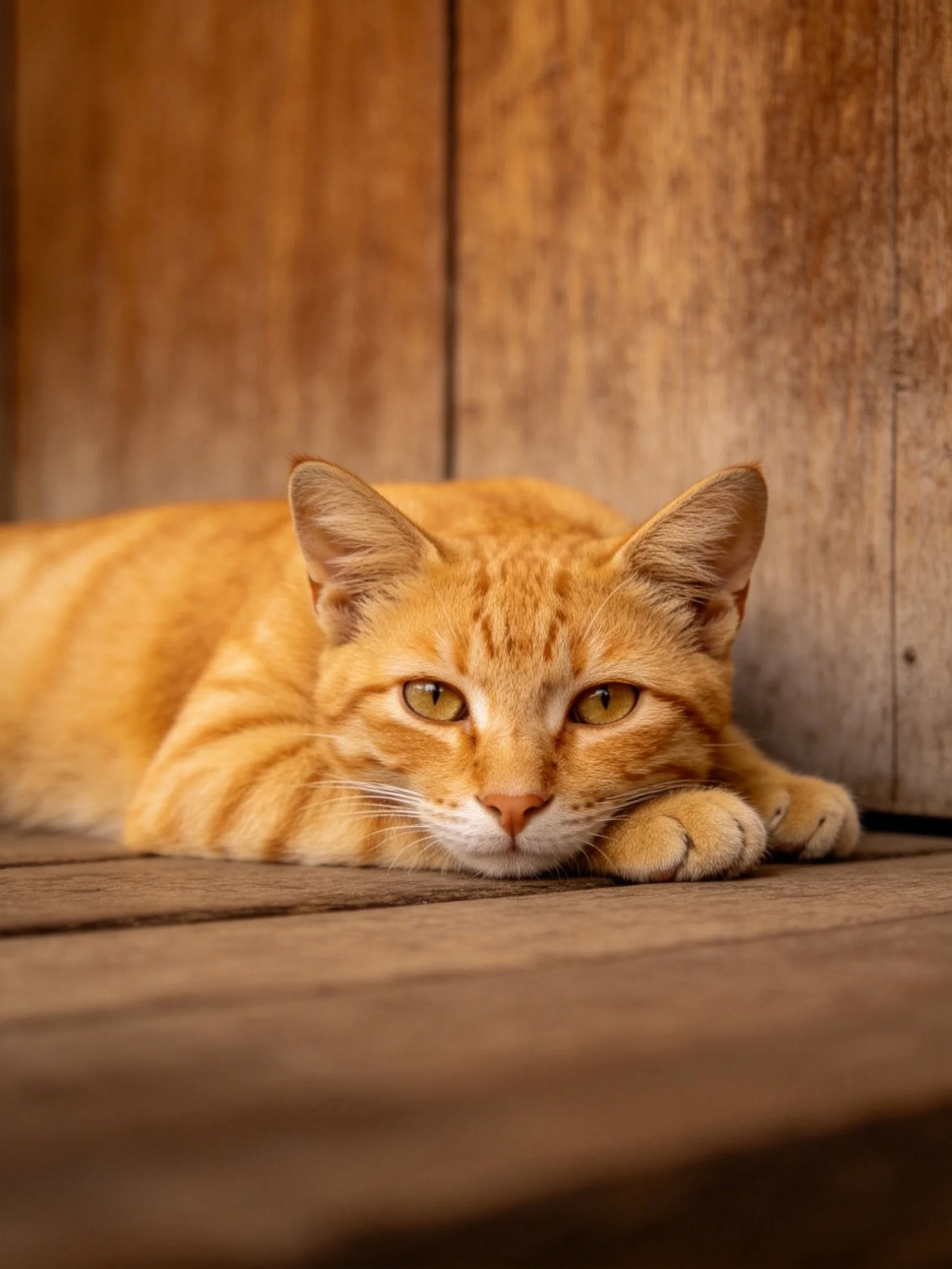 An orange tabby cat lies calmly on wooden surfaces near a wooden wall.