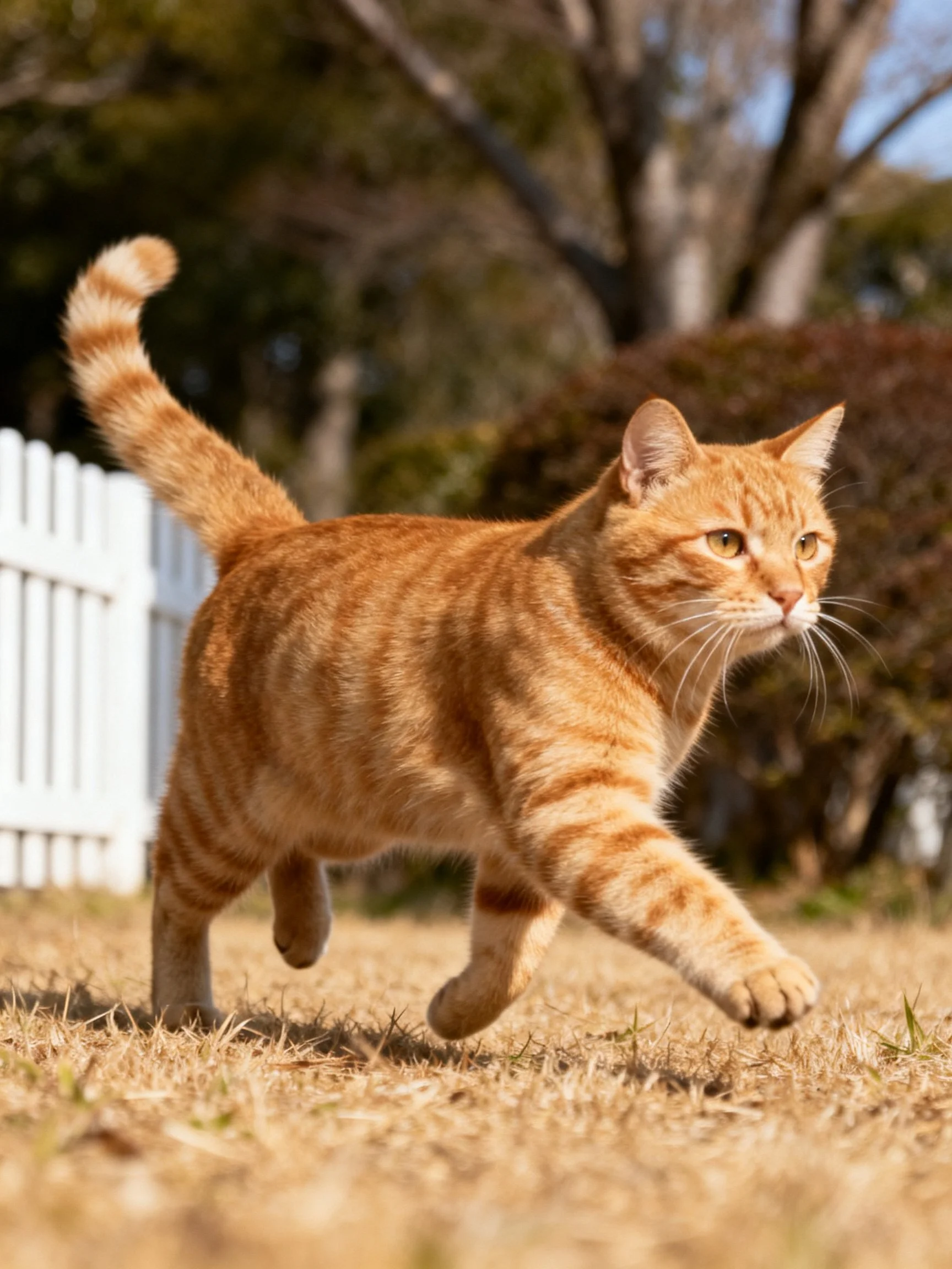 An orange tabby cat runs through a sunny yard near trees and a white fence