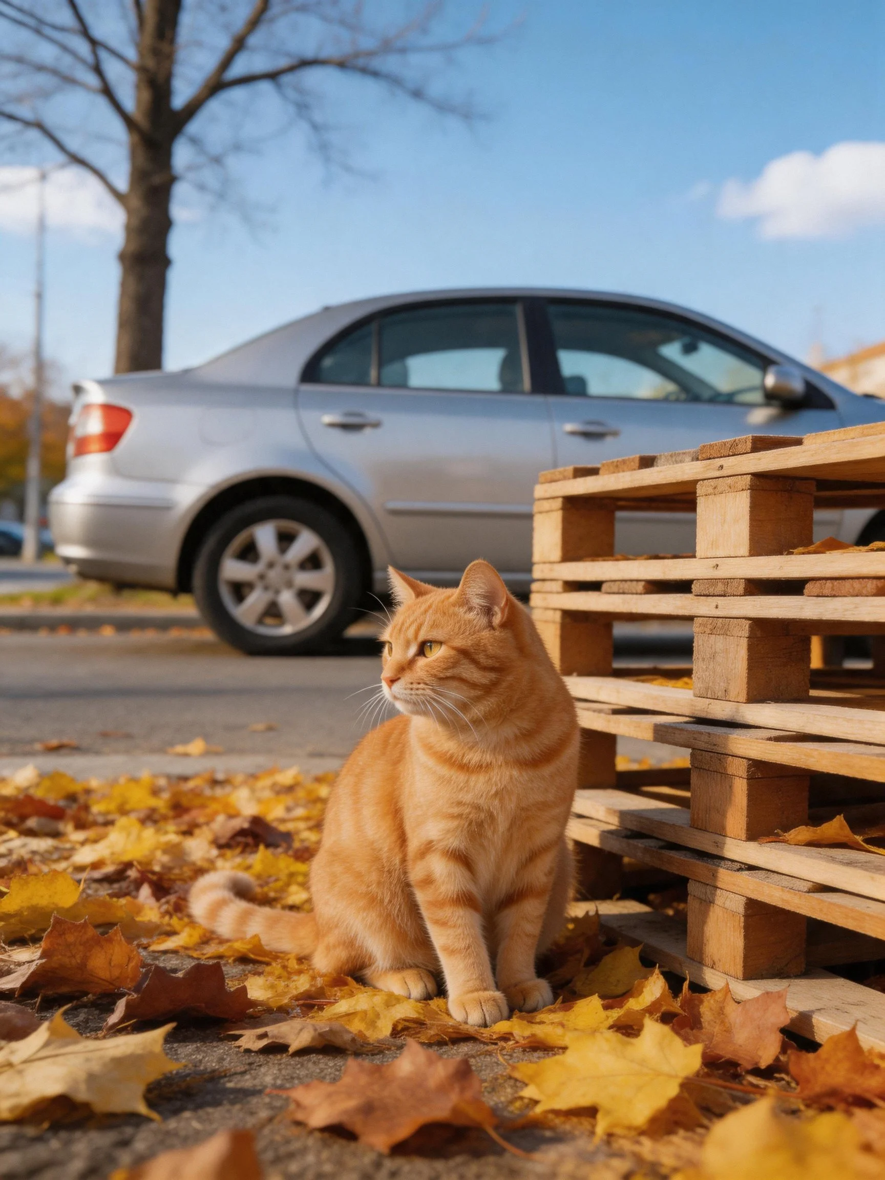 An orange tabby cat sits amid fallen autumn leaves next to stacked wooden pallets with a silver sedan
