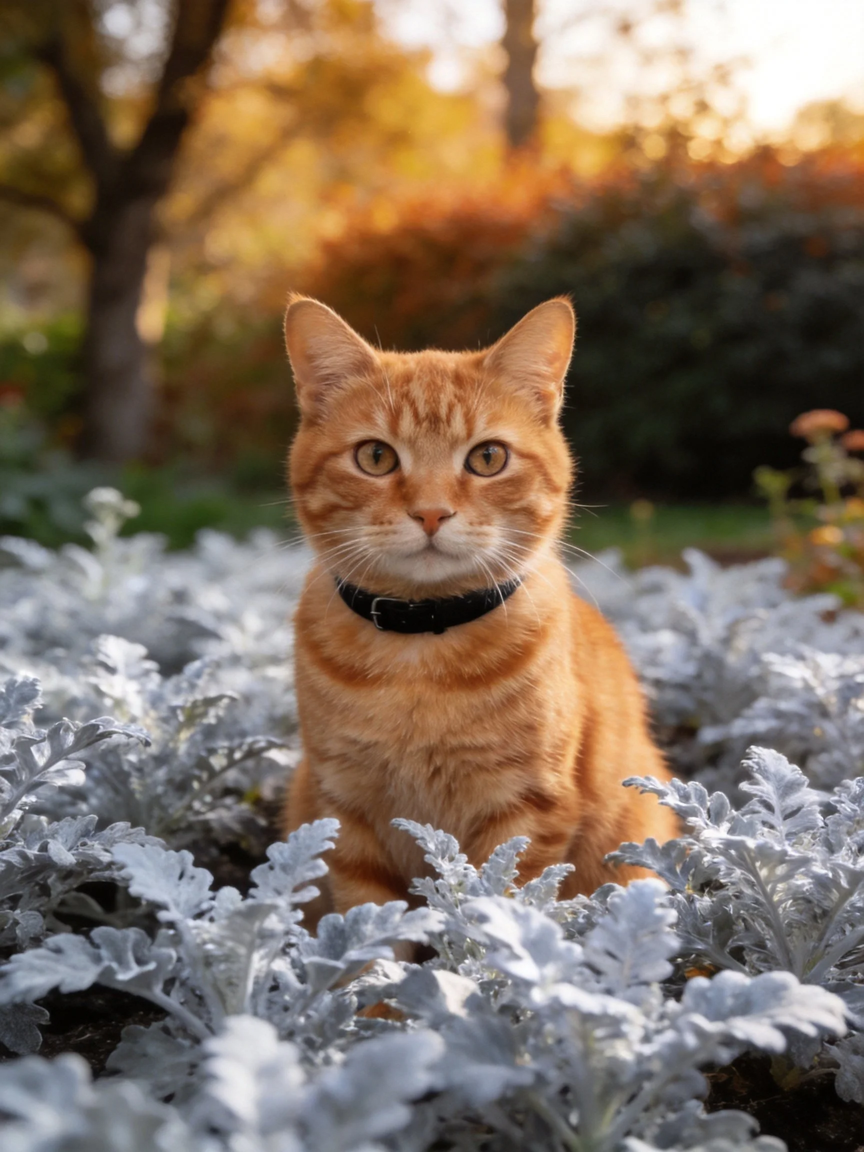 An orange tabby cat sits amid silvery plants in a sunlit garden.