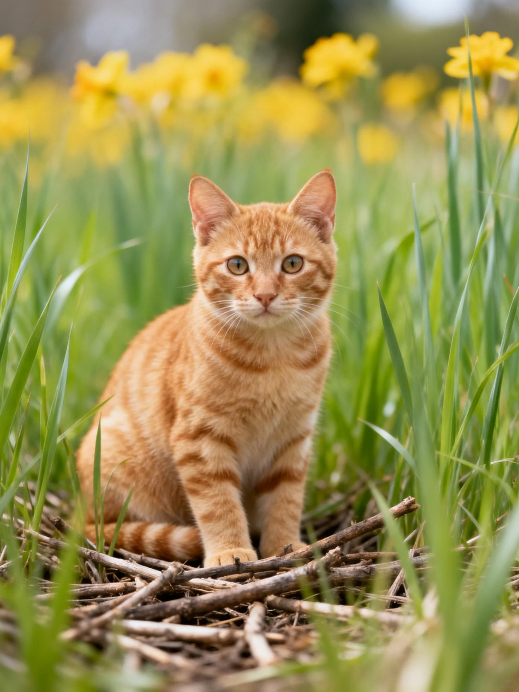 An orange tabby cat sits amid tall green grass and yellow flowers