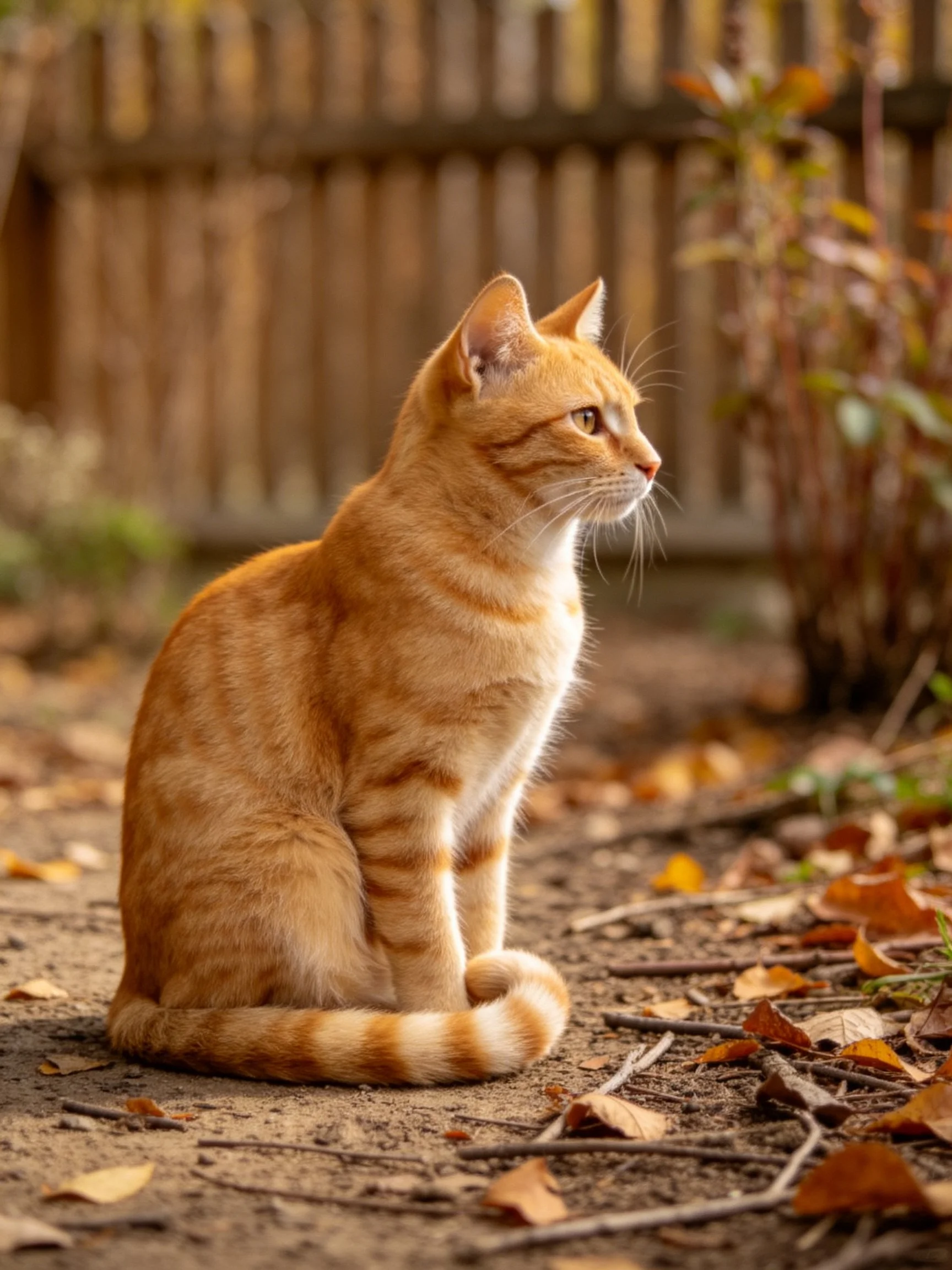 An orange tabby cat sits calmly amid autumn leaves in a fenced area.