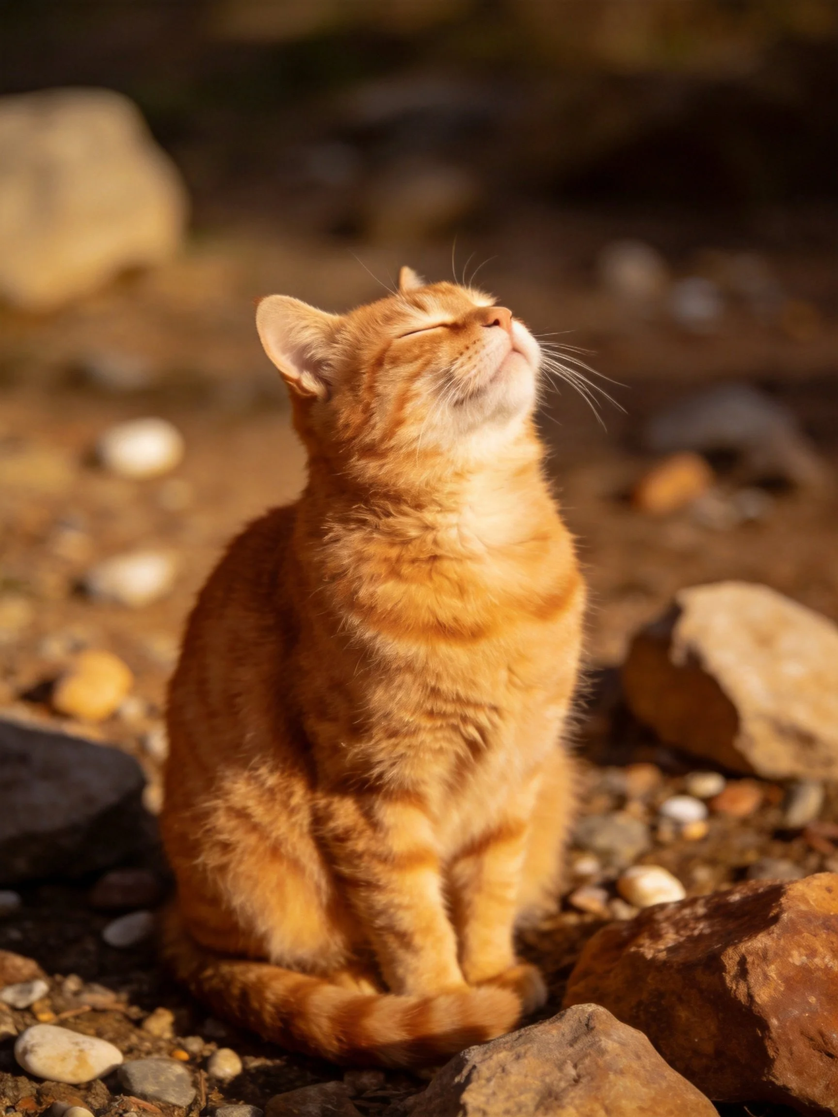An orange tabby cat enjoys sunlight while sitting among rocks.