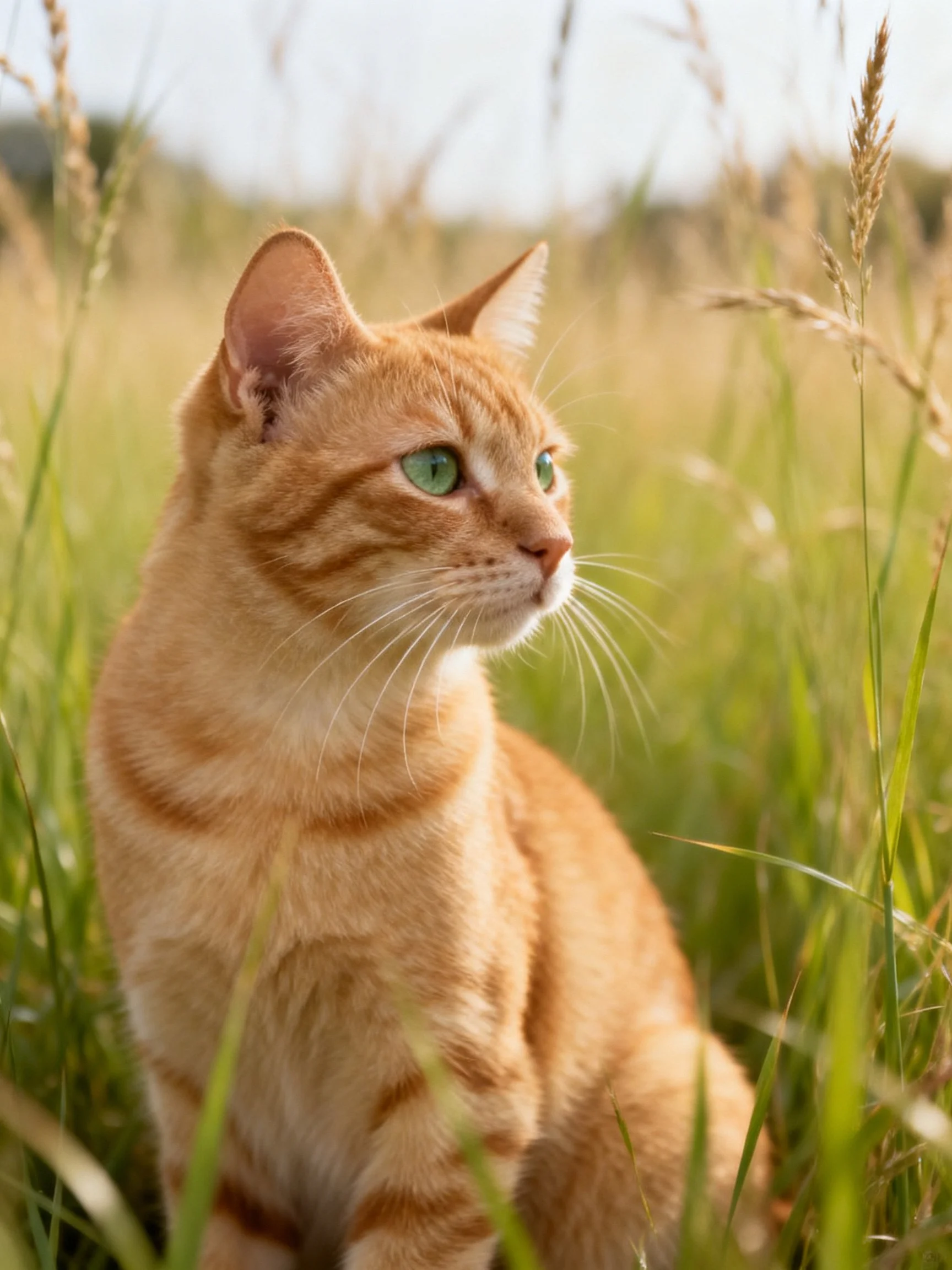 An orange tabby cat rests among tall grass in a sunlit outdoor space.