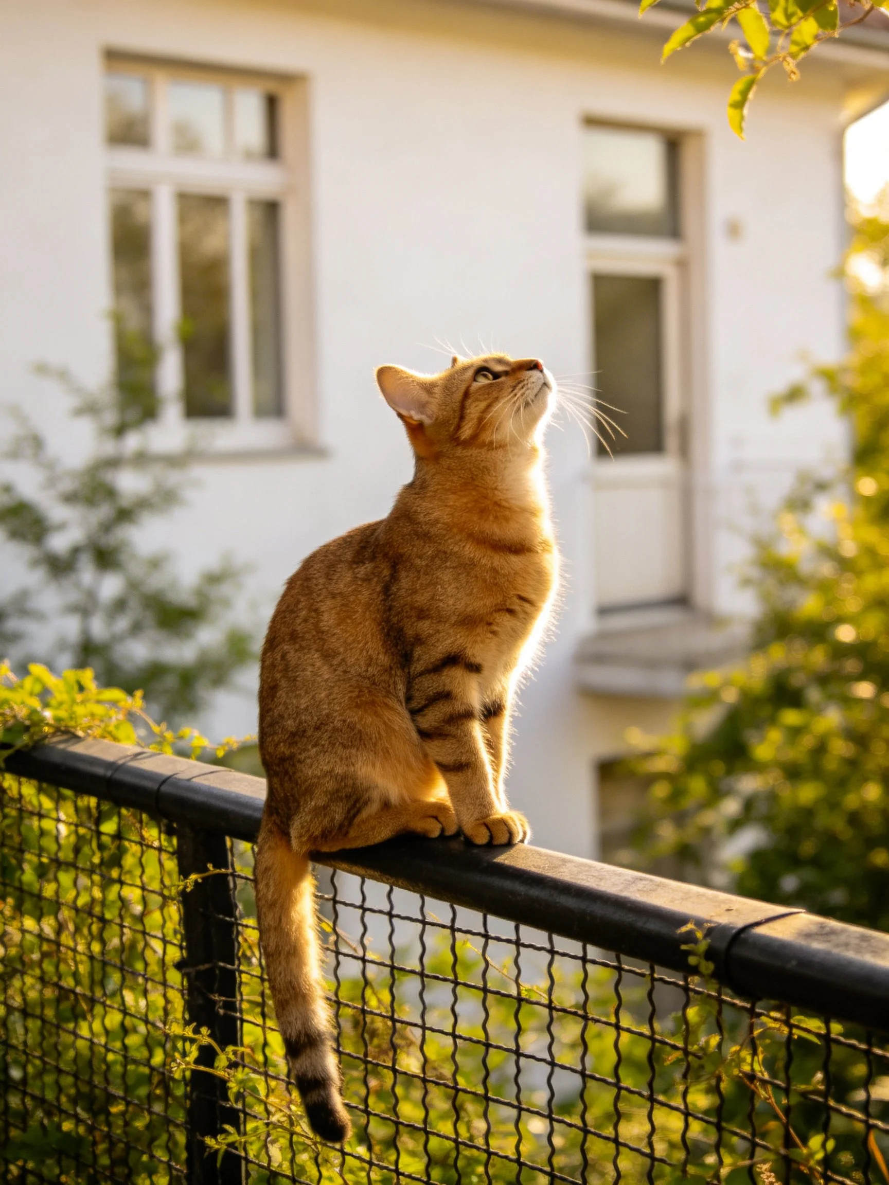 An orange tabby cat sits on a black fence near a white house under warm sunlight