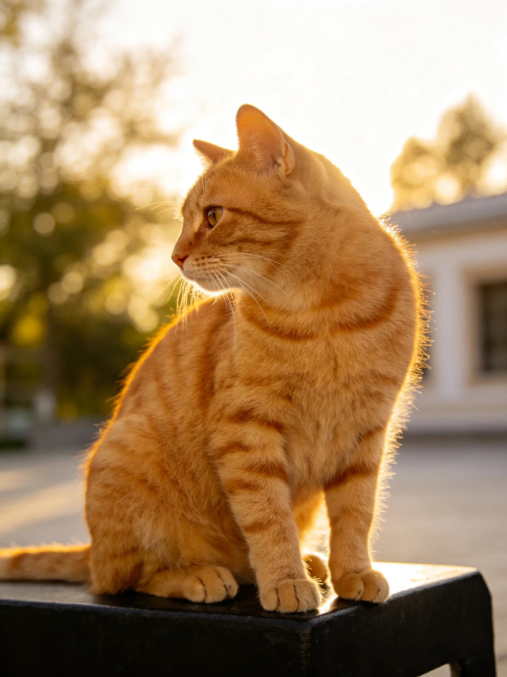 An orange tabby cat sits on a dark structure in sunlit surroundings.
