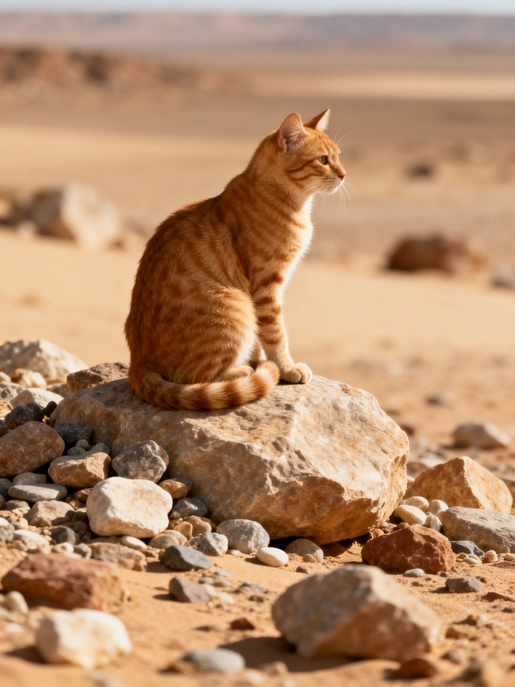 An orange tabby cat sits atop a large rock in a rocky desert landscape