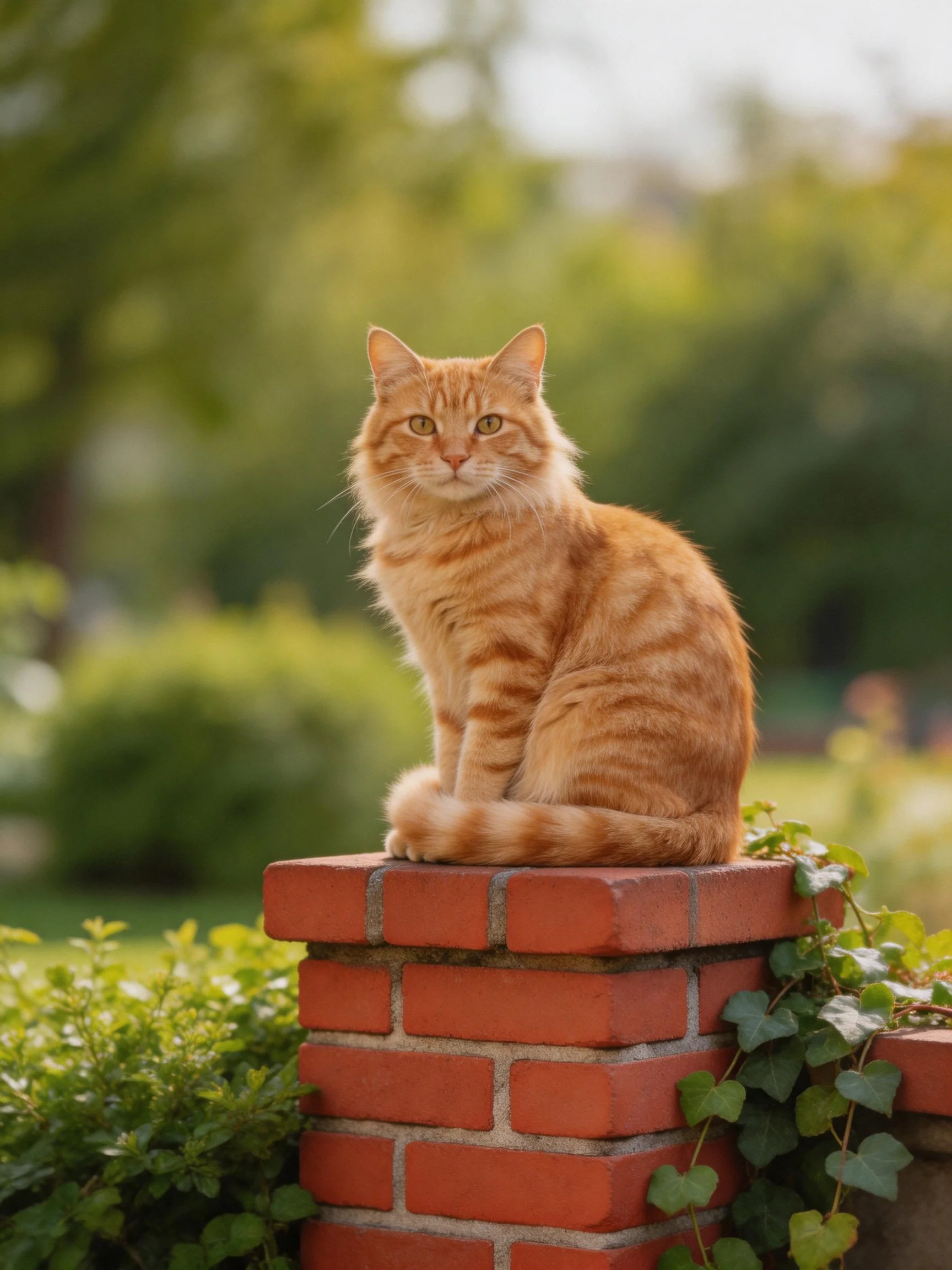 An orange tabby cat sits on a red brick post amid a sunlit garden.