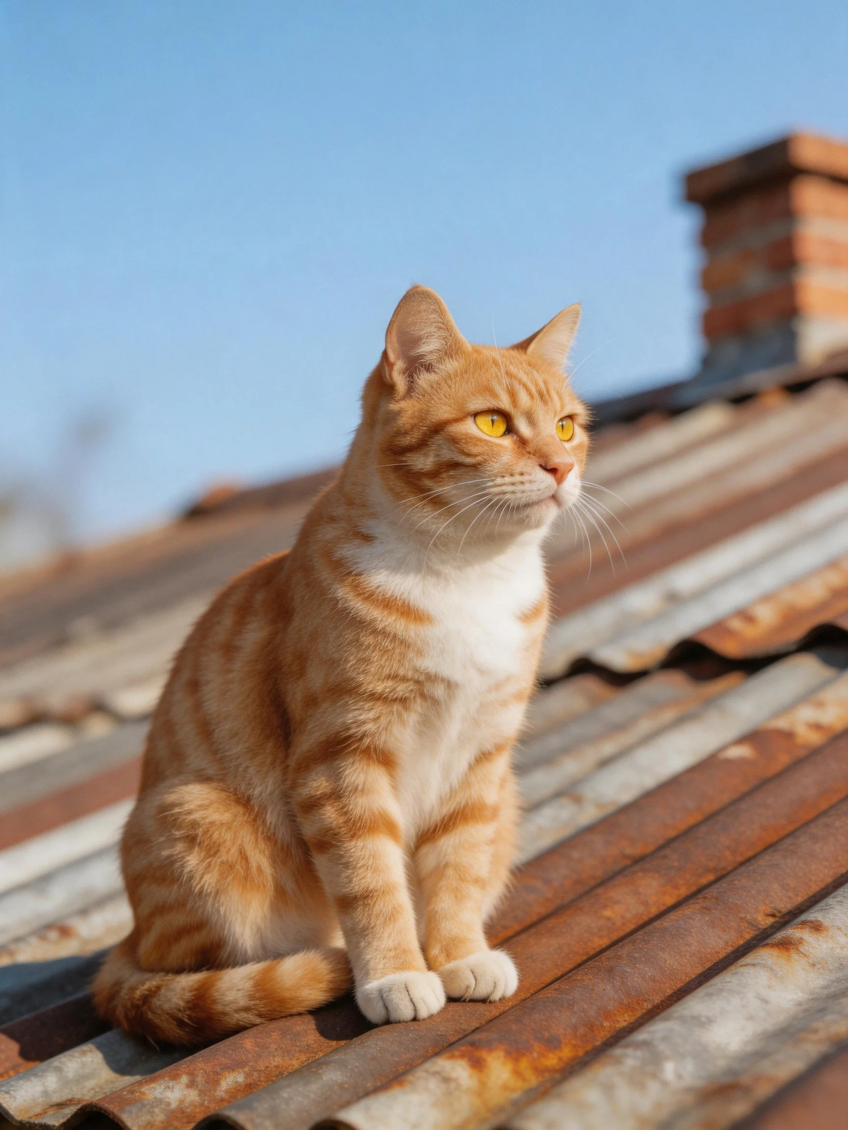 An orange tabby cat rests on a rusted metal roof under a clear sky.