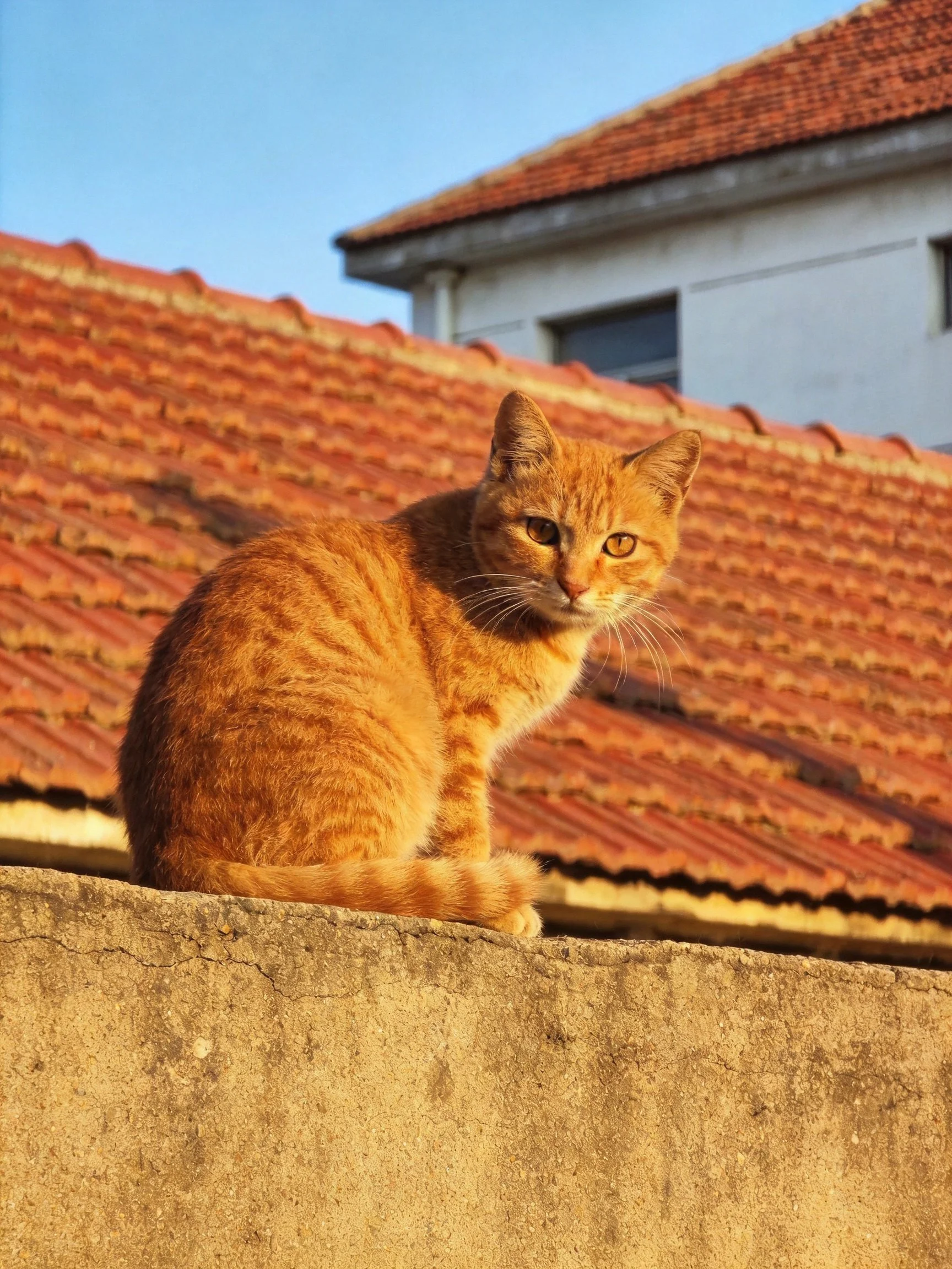 An orange tabby cat sits atop a weathered concrete wall near red-tiled rooftops