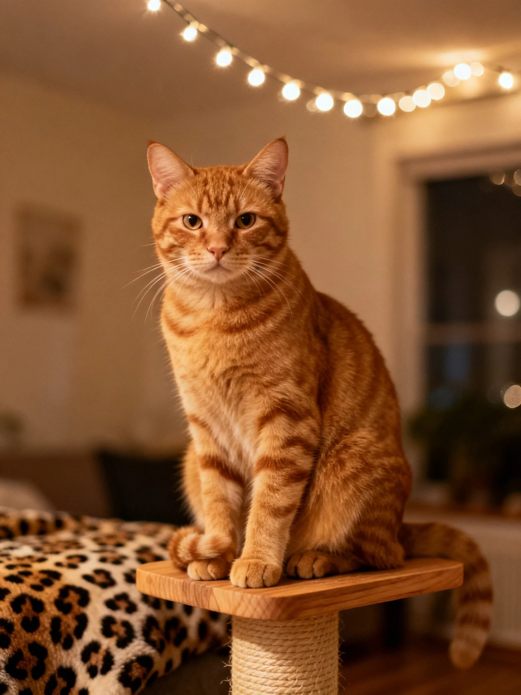 An orange tabby cat sits atop a wooden platform near a leopard print blanket under string lights